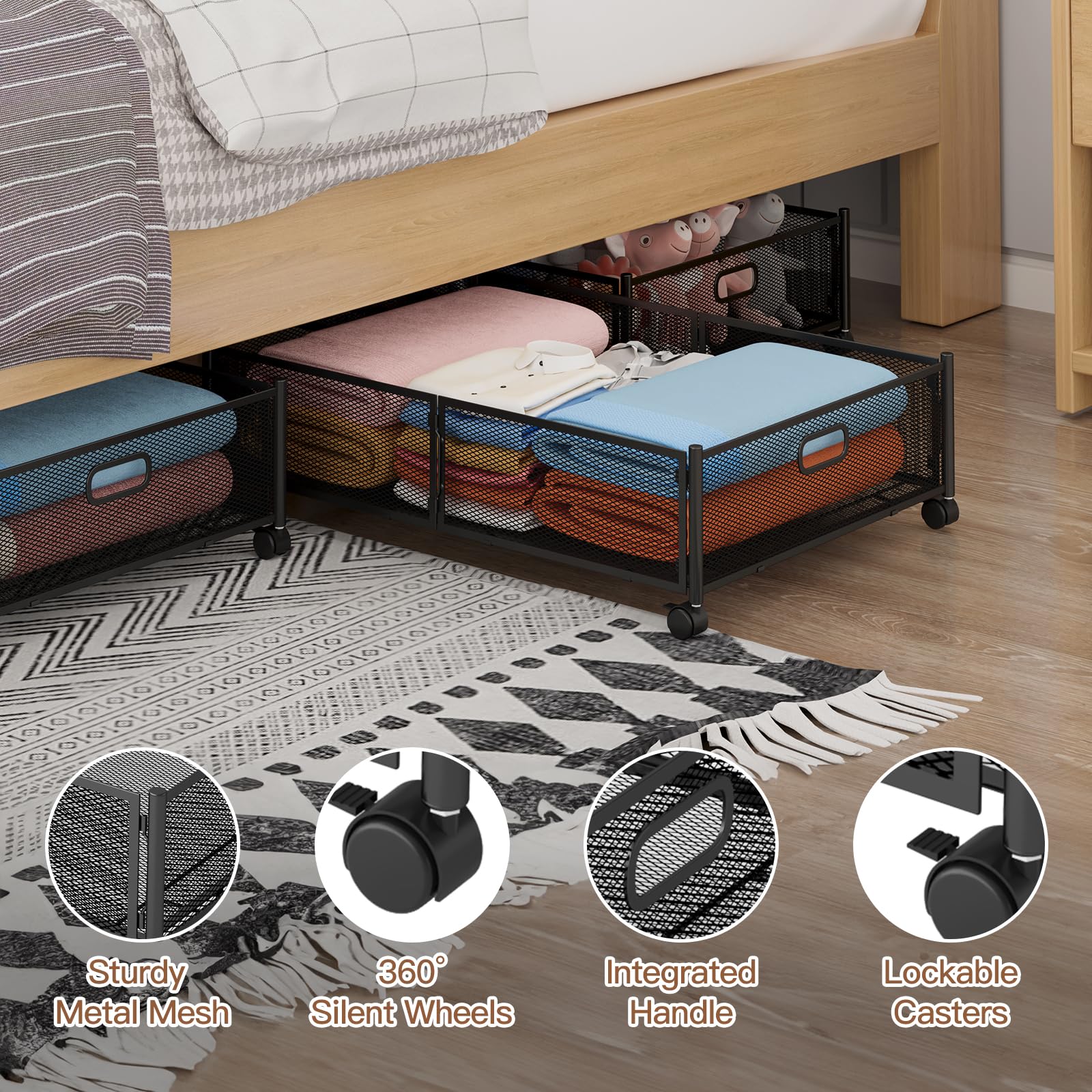 Under Bed Storage with Wheels, Foldable Metal Mesh Underbed Storage Container Bins, Tool-free Assembly Clothes Drawer Organizer,