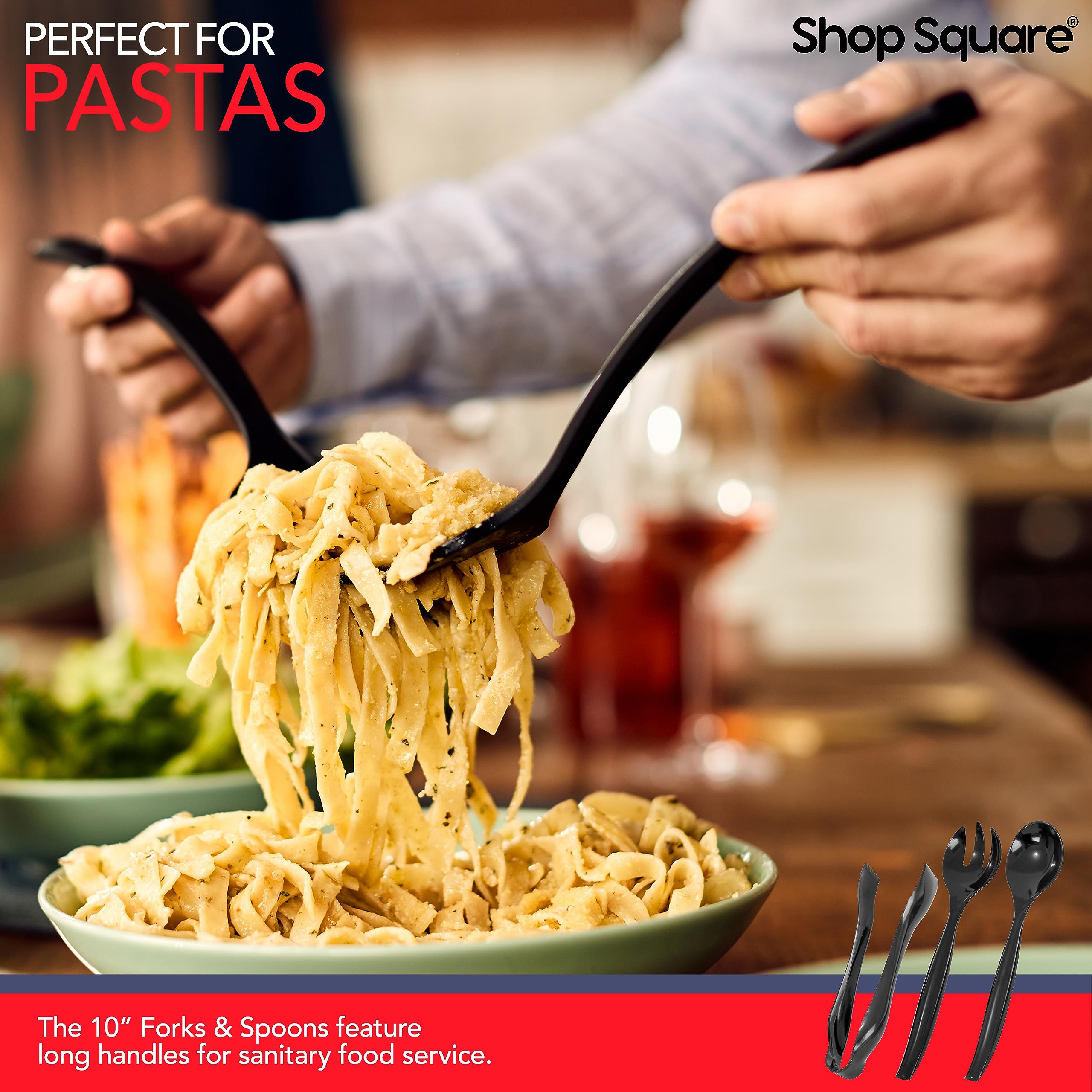 Disposable Plastic Serving Utensils - Set Of 18 Black Plastic Utensils, 6 Each 6'' Serving Tongs, 10    Serving Spoons, 10    Se