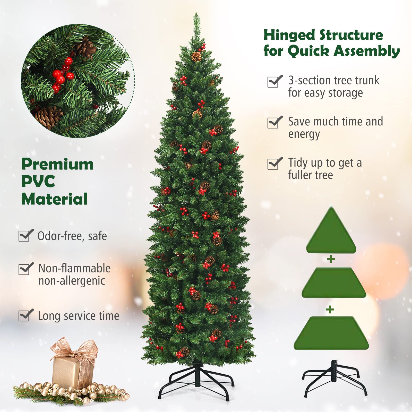 DREAMADE 6.5ft Pre-Lit Artificial Pencil Christmas Tree, Slim Xmas Tree w/ 806 PVC Branch Tips, 250 LED Lights, 62 Pine Cones& R
