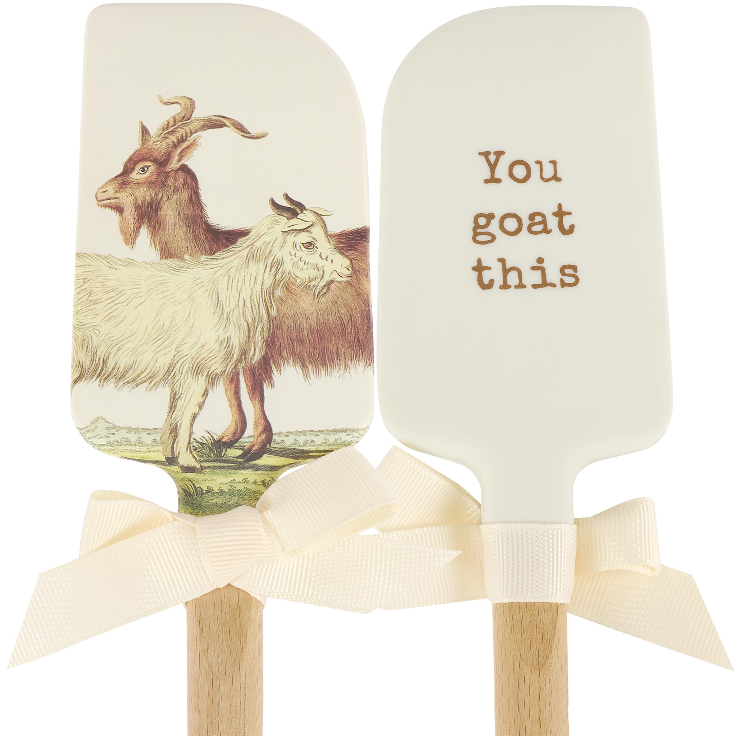 Primitives by Kathy doublesided silicone novelty cooking spatula, vintage art of goats with farm inspired pun You Goat This C