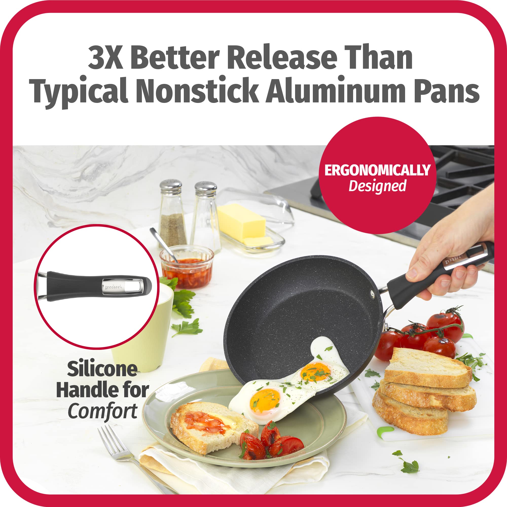 Goodcook 3-Piece Micro-Divot Nonstick Aluminum Fry Pan Set With Silicone Handles, Includes 8'', 10'' And 12'' Fry Pans, Long-Las