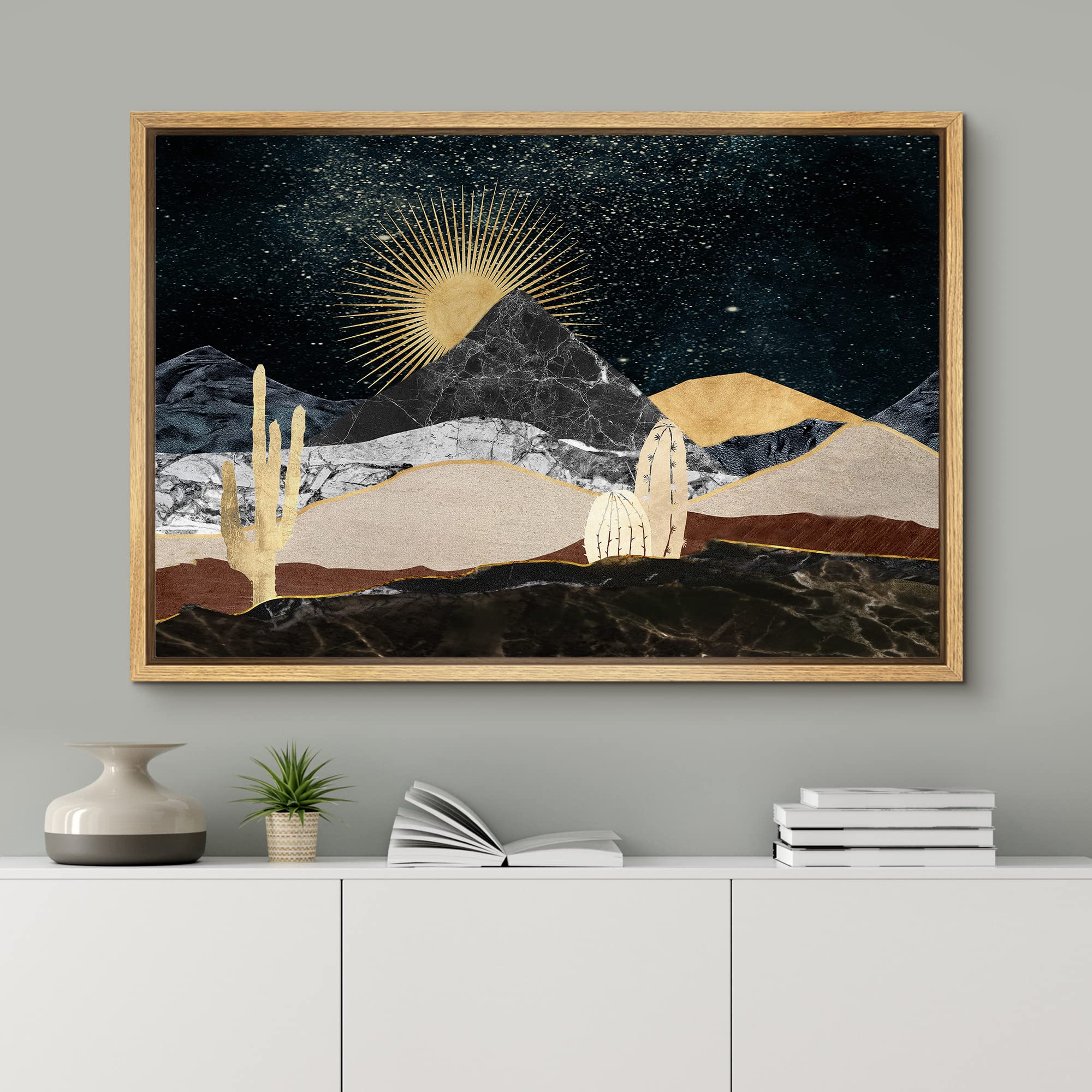 Signford Framed Canvas Print Wall Art Set Golden Marble Mountain Sun Range Nature Wilderness Illustrations Modern Art Farmhouse/