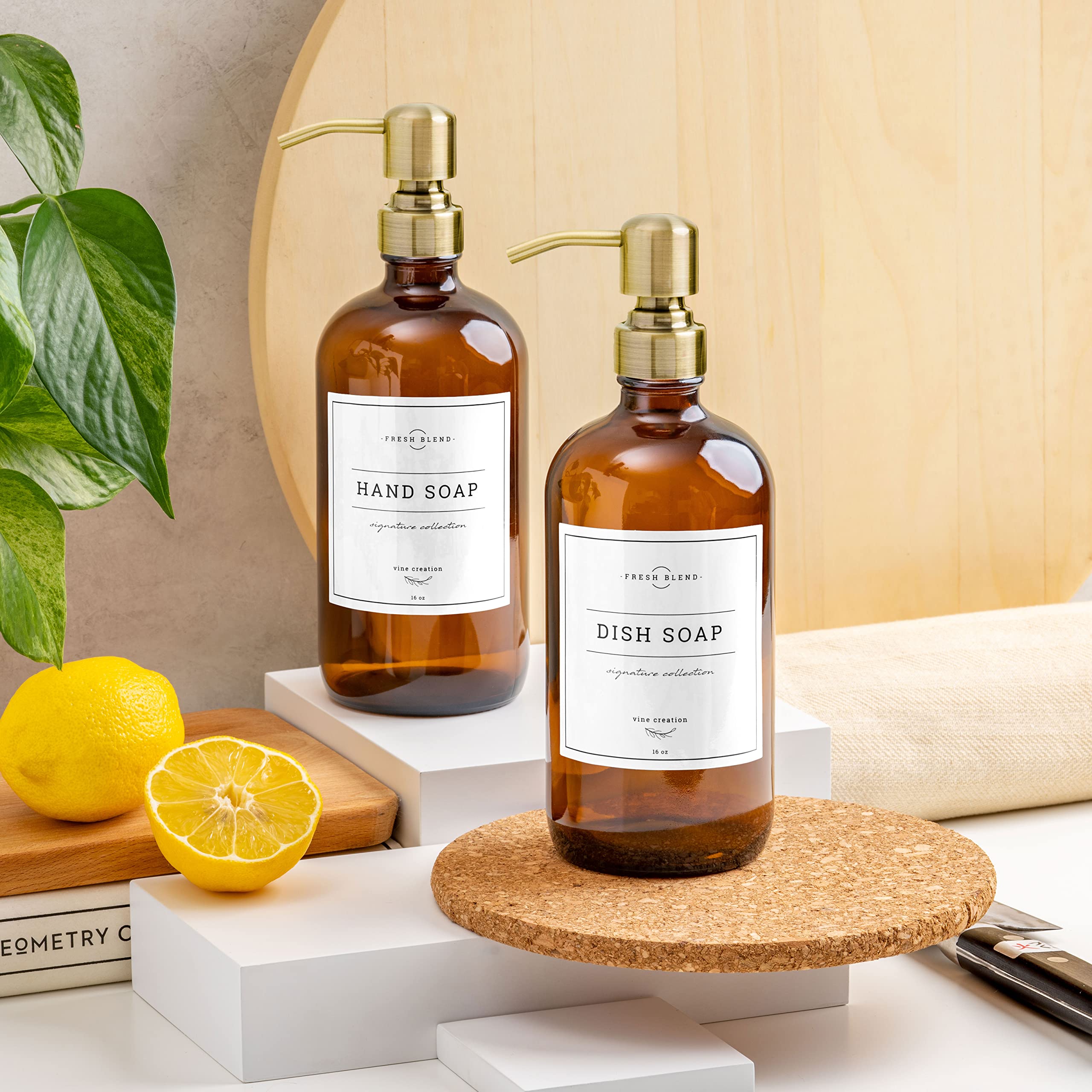 Vine creations Amber glass Soap Dispenser 2 Pack, Thick 16oz Bottles Rustproof Stainless Steel Pump, Kitchen Bathroom Accessorie