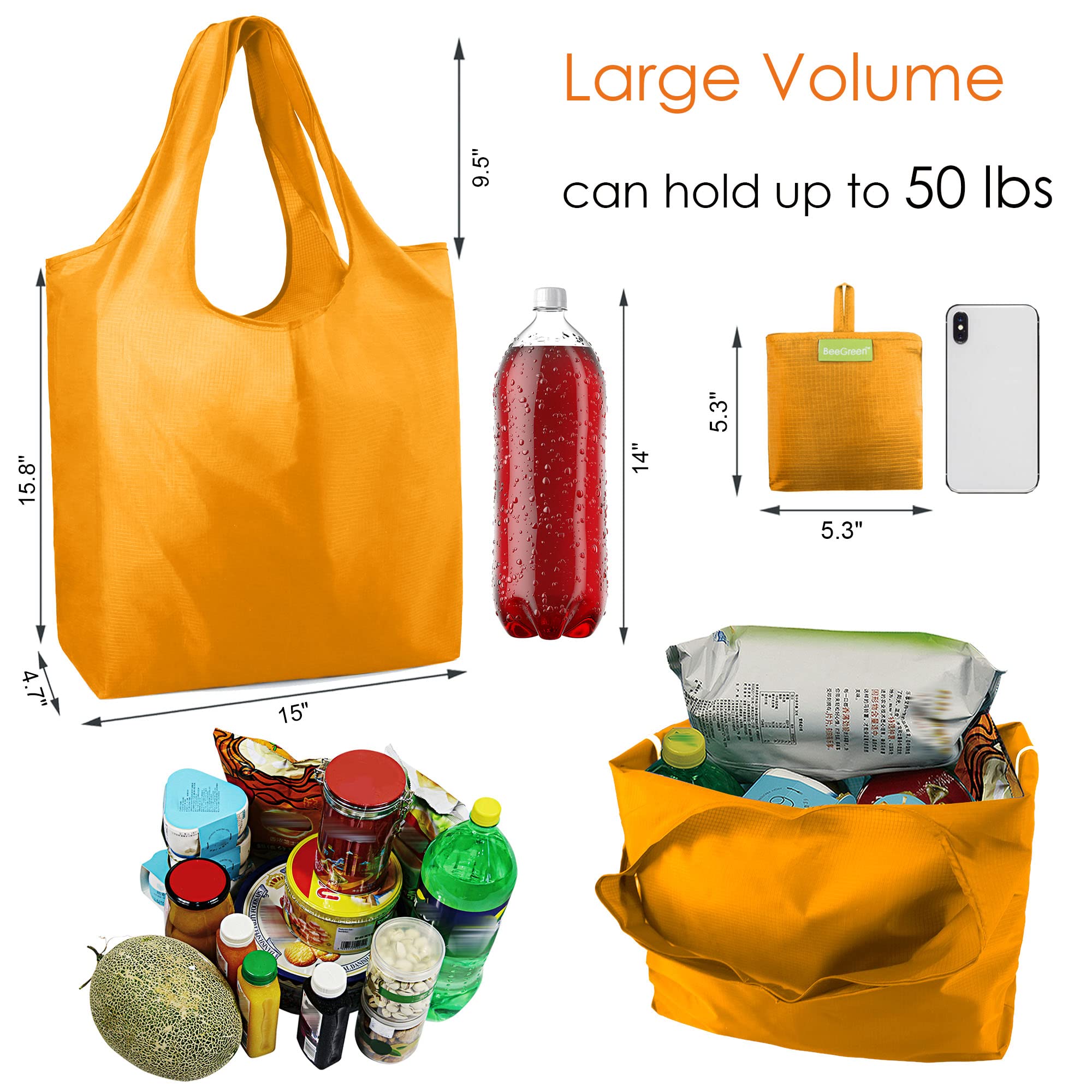 BeeGreen Yellow Reusable Grocery Bags Light Orange Shopping Bags Bulk 50LBS X-Large Foldable Heavy Duty 10 Pieces
