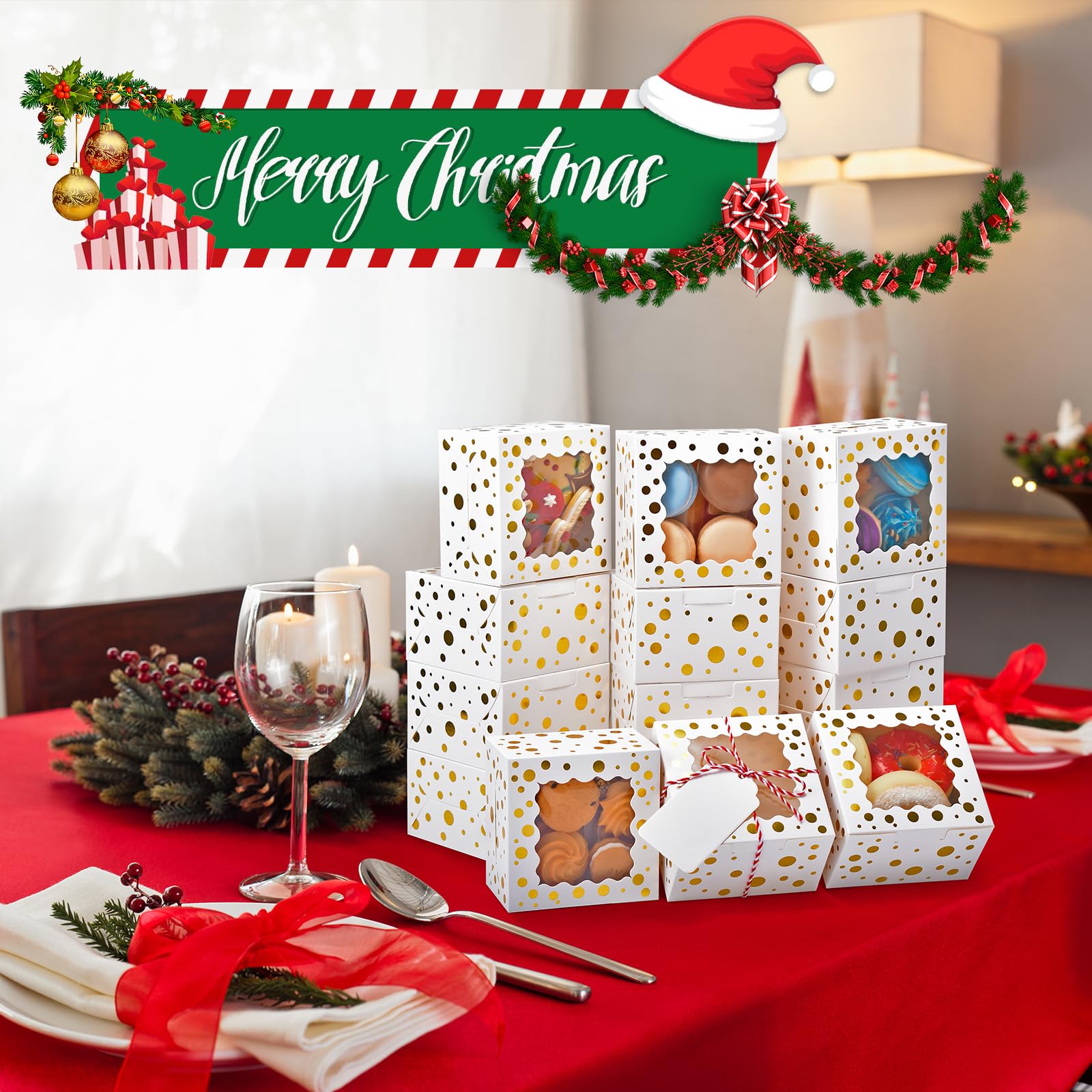 DOYIDE 32Pcs 4x4x2.5 in Christmas Cookie Boxes with Window, White Bakery Boxes for Cookie, Treat Boxes Pastry Boxes for Gift Giv