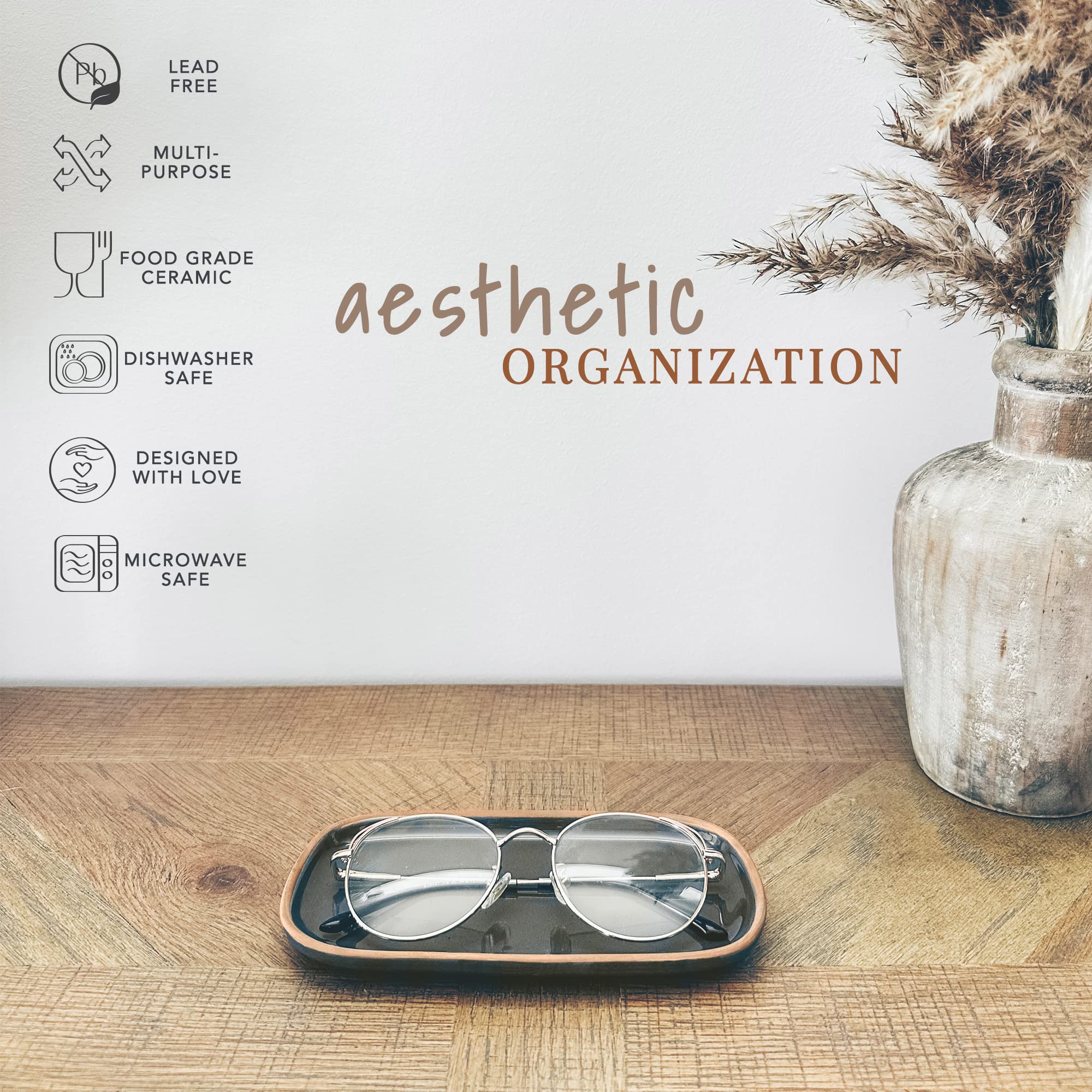 Mora Ceramic Decorative Tray - Rectangle 6.4In Dish For Jewelry, Perfume, Makeup, Accessories, Candle, In The Bathroom Vanity, B