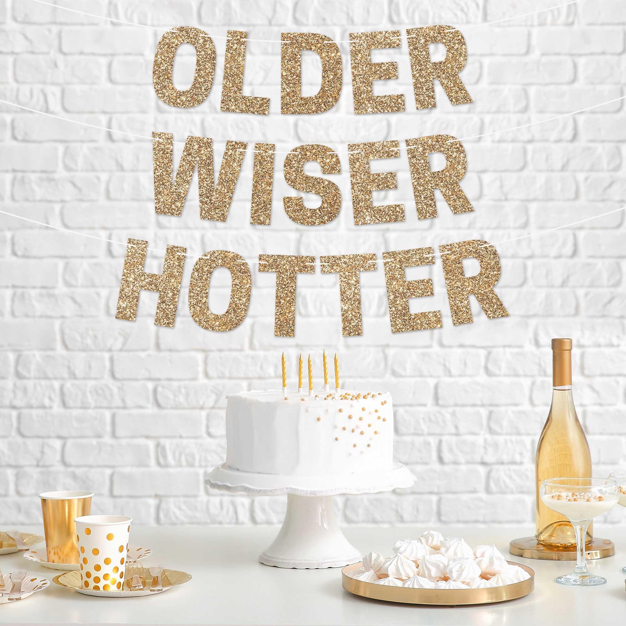 Pre-Strung Older Wiser Hotter Banner - No Diy - Gold Glitter Happy Birthday Party Banner - Pre-Strung Garland On 8 Ft Strands -