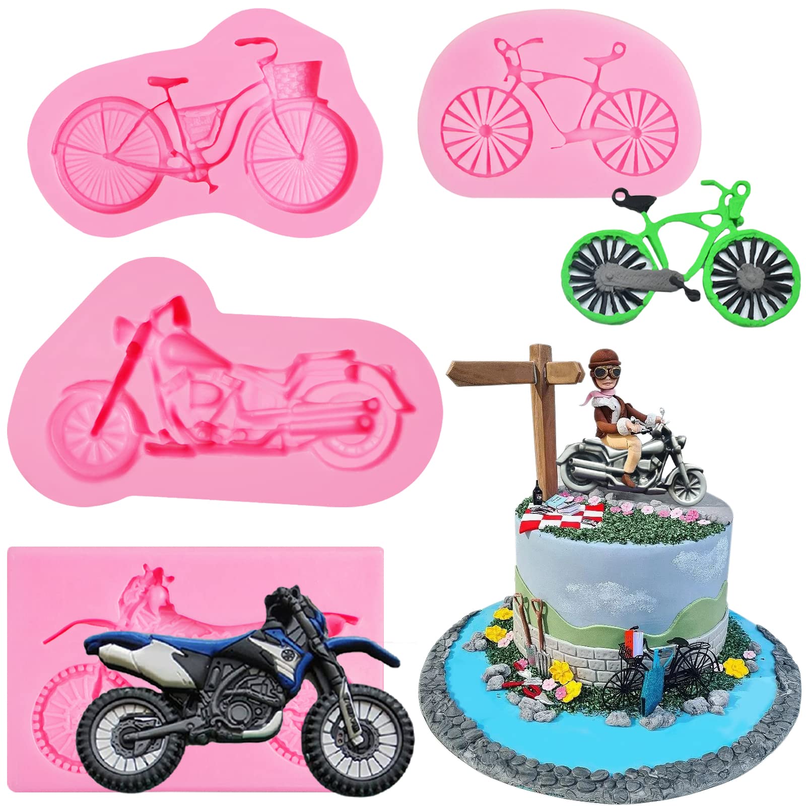 Motorcycle Silicone Molds 4 Pcs, Bicycle Tools Chocolate Fondant Mold For Cake Decoration, Candy Sugar Cupcake Topper Baking Mol