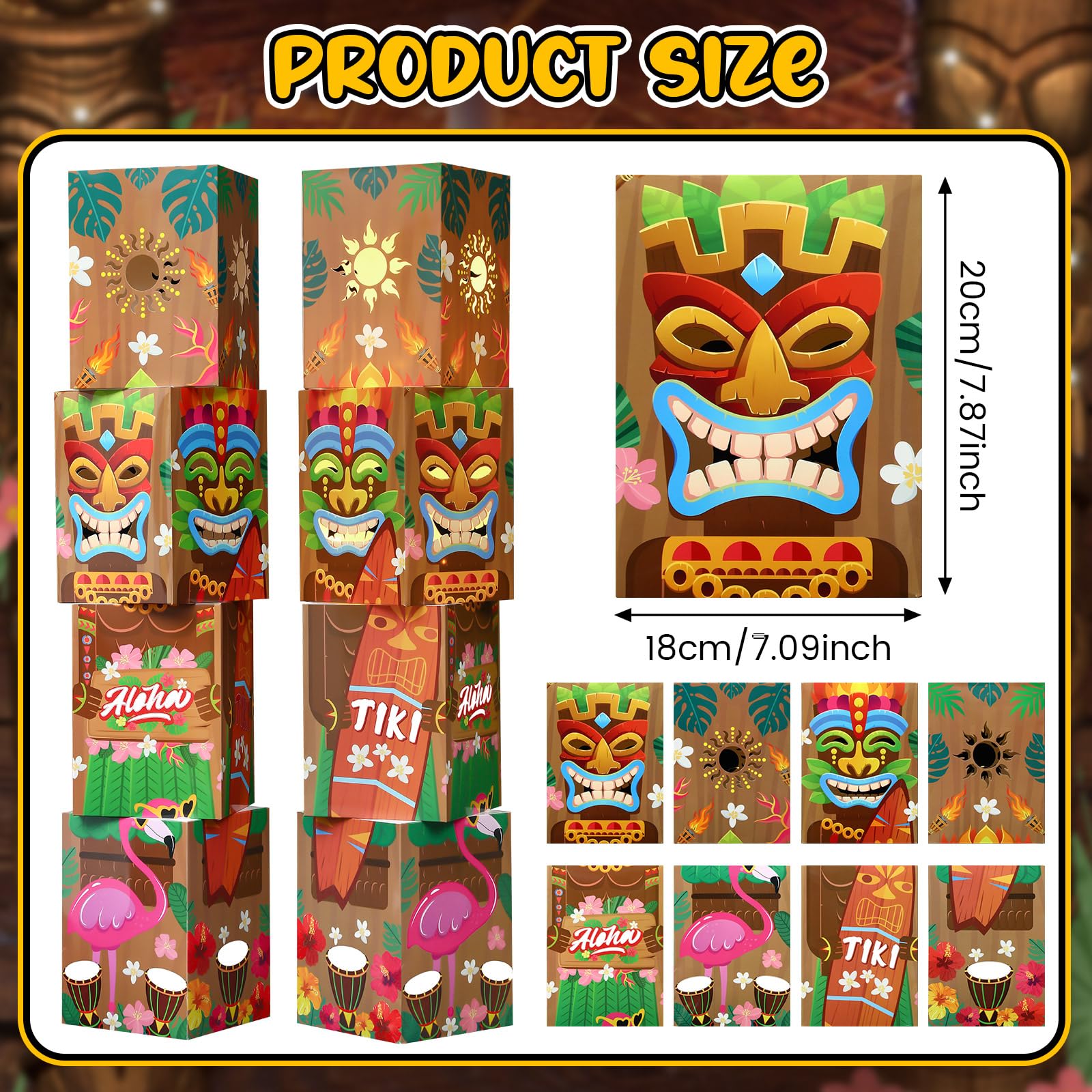 AmazingSpark 8 Pcs Tiki Totem Box Decor with Light Hawaiian Luau Party Decorations Tropical Aloha 7.87 x 7.09 Lighted Gift Boxes