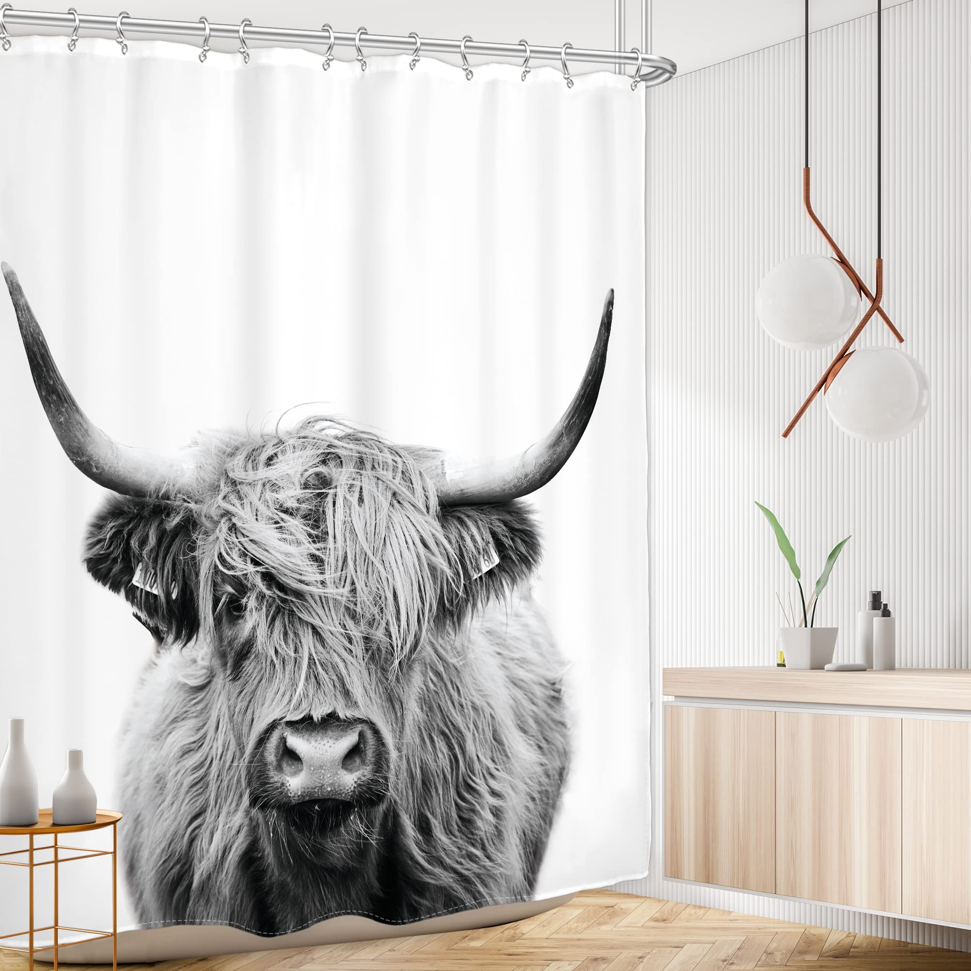 AMBZEK Farmhouse Highland Cow Shower Curtain 60Wx72L Inch Rustic Bull Portrait Western Cattle Country Restroom Accessories Funny Cute Farm Animal Grey White Fabric Bathroom Decor Set with 12 Hooks
