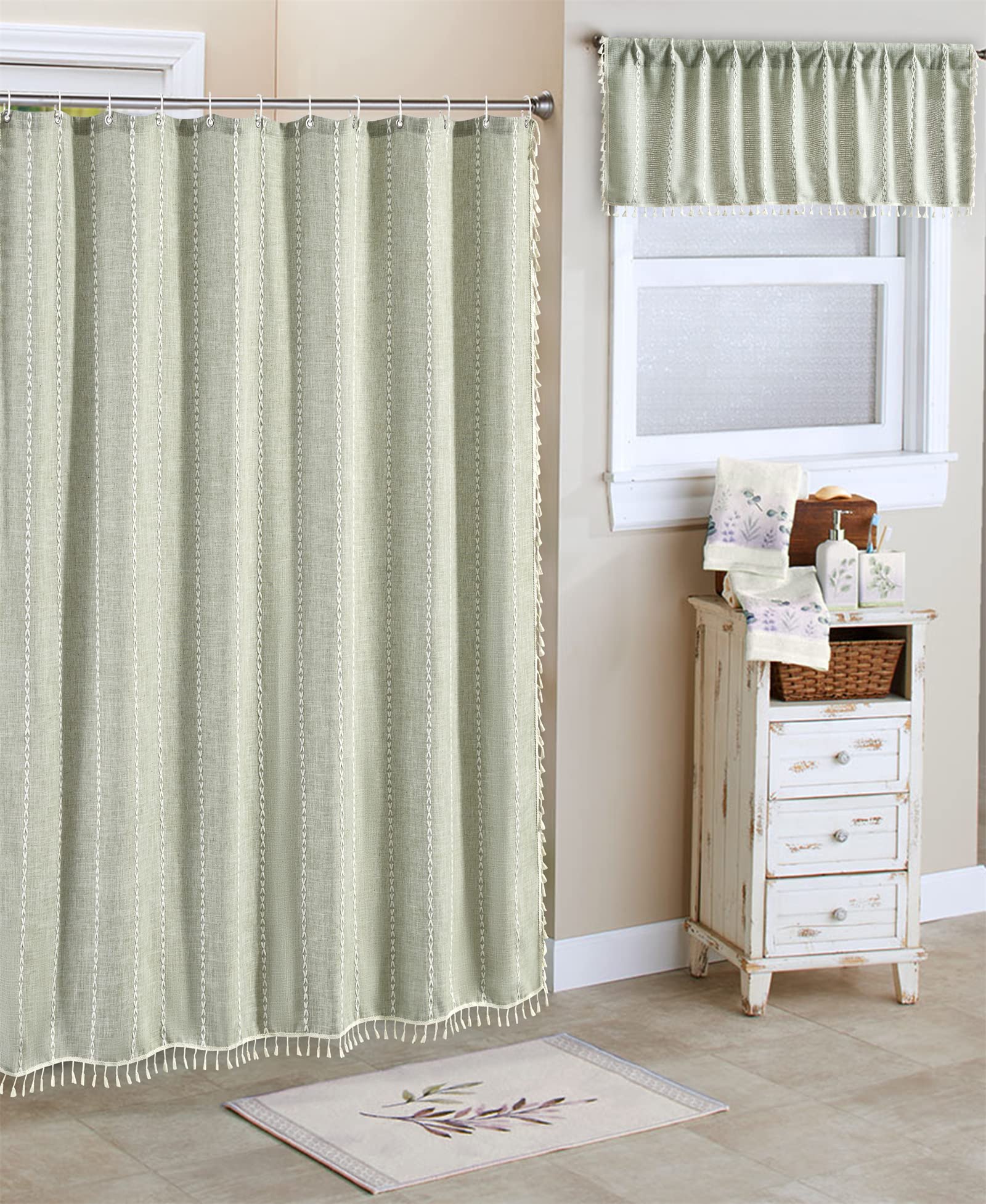 Roomtalks Sage Green Modern Farmhouse Shower Curtain With Tassels, Country Cottage Bathroom Decor Striped Minimal Boho Chic Text