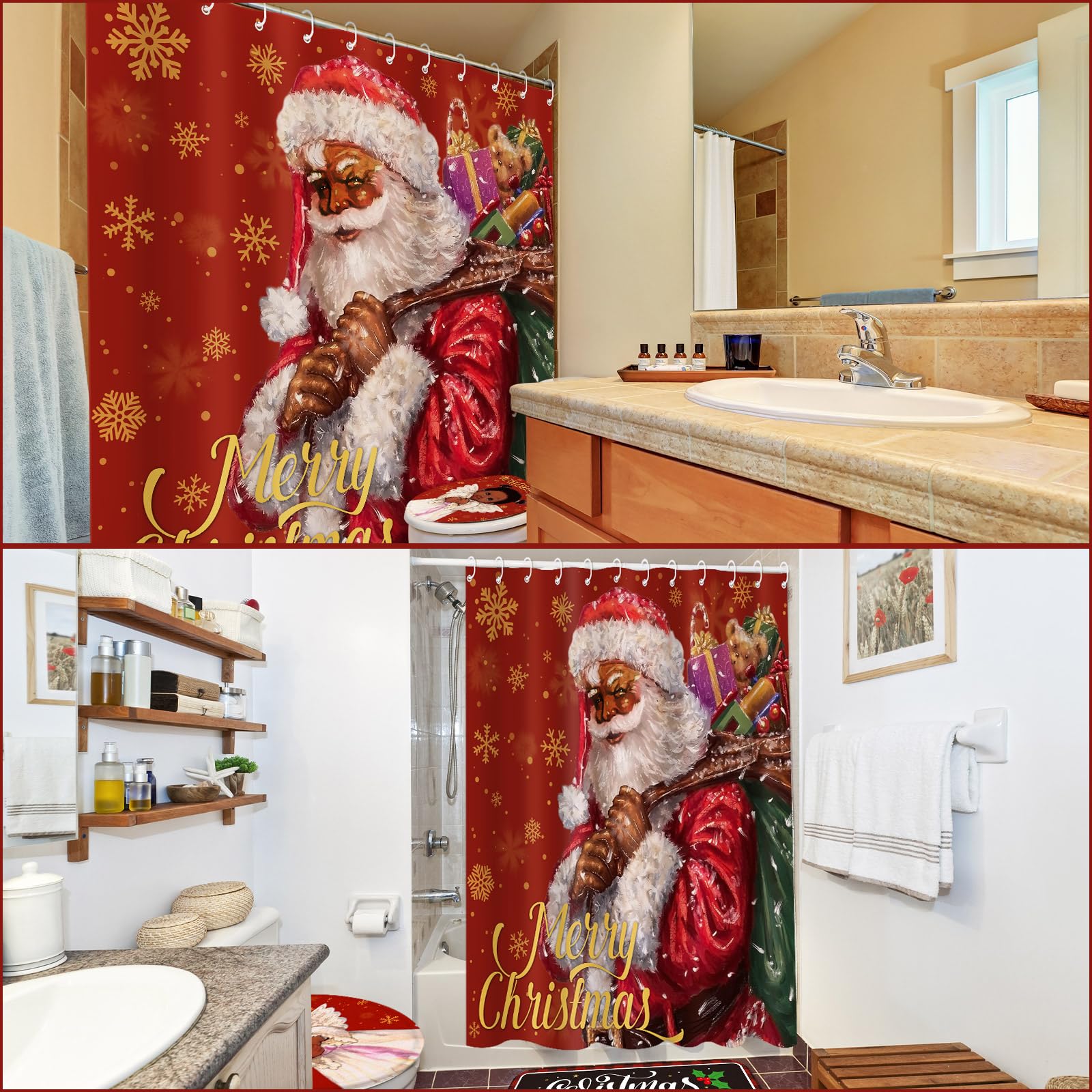 Preboun Black Santa Christmas Shower Curtain Set 72 X 72 In Winter Holiday Party Christmas Bathroom Curtain With 12 Hooks Non Sl