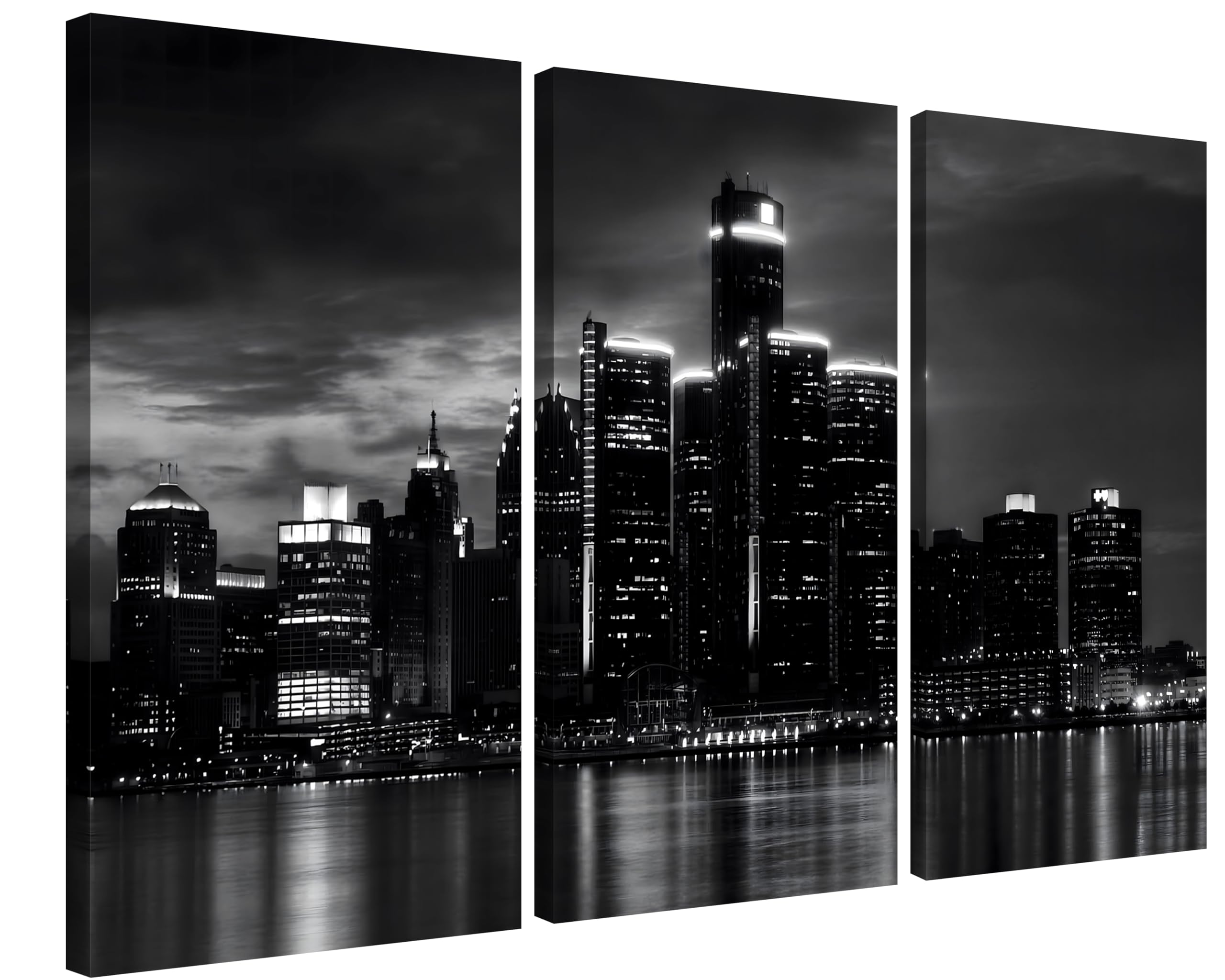 Nan Wind 3 Pcs Detroit Skyline Canvas Wall Art Cityscape Night Scene Black And White City Art Print On Canvas Modern Giclee Fram