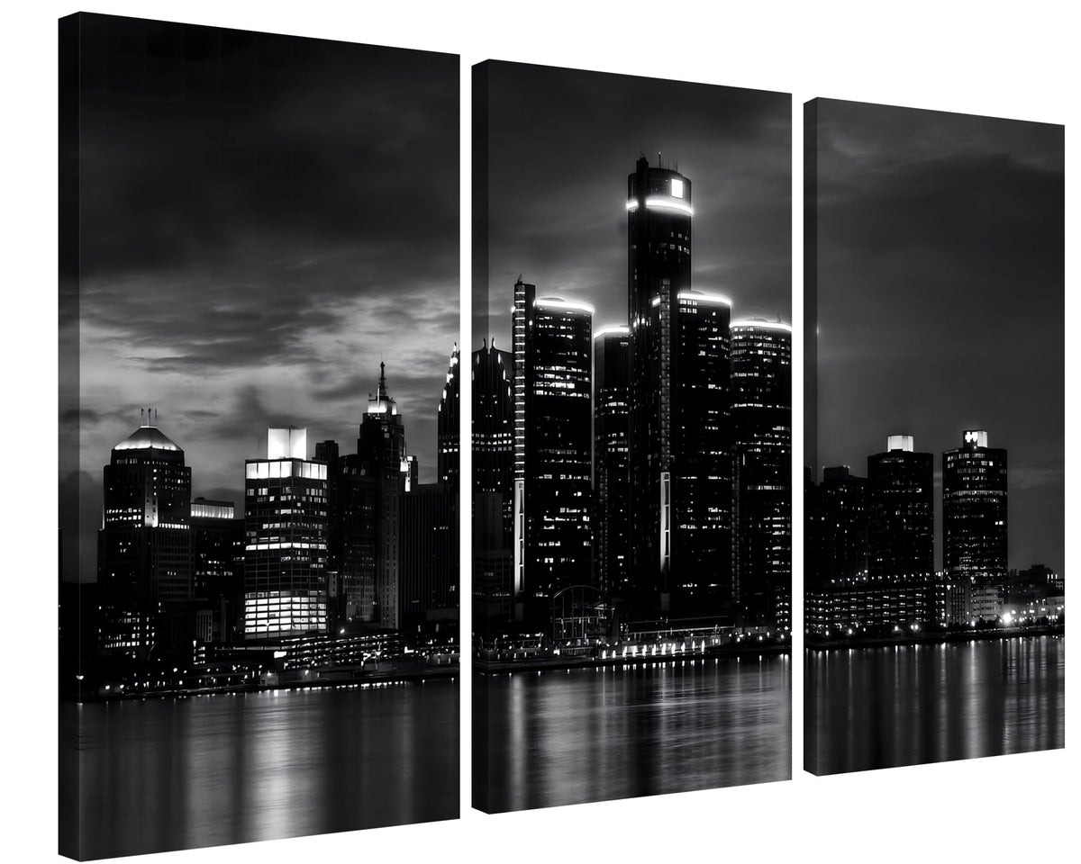 Nan Wind 3 Pcs Detroit Skyline Canvas Wall Art Cityscape Night Scene Black And White City Art Print On Canvas Modern Giclee Fram