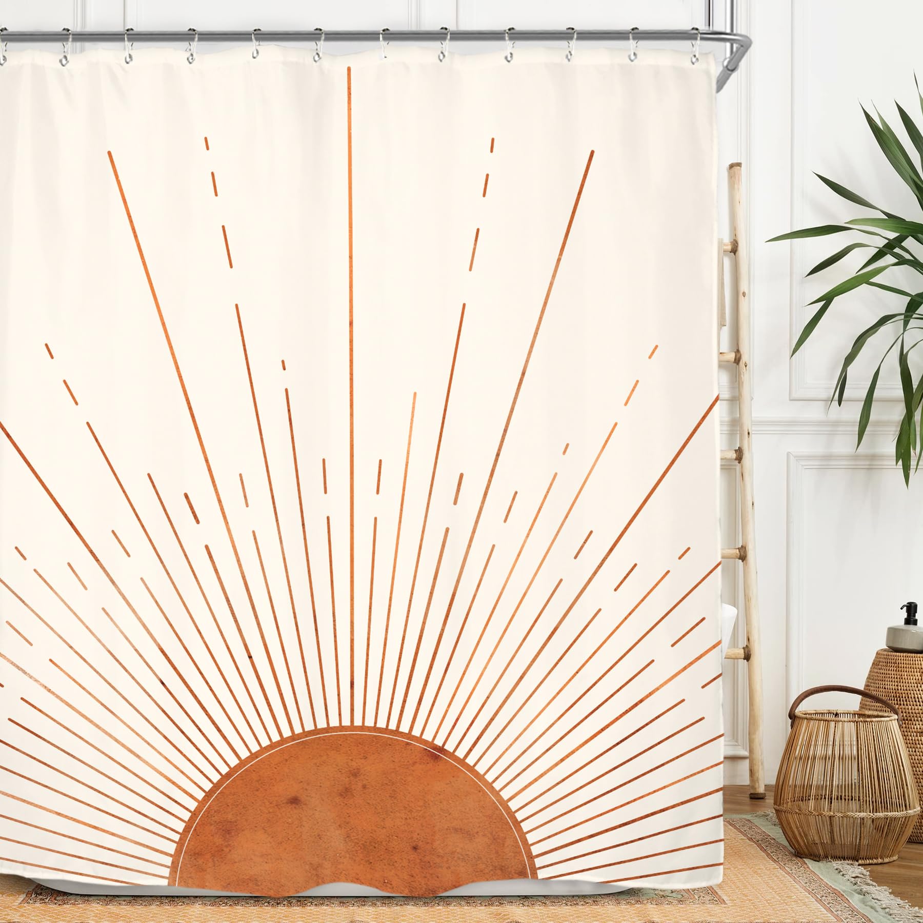 Miyotaa Rust Sun Abstract Shower Curtain Set 60Wx71H Inches Minimalist Mid Century Boho Modern Vintage Aesthetic Sunrise Polyest