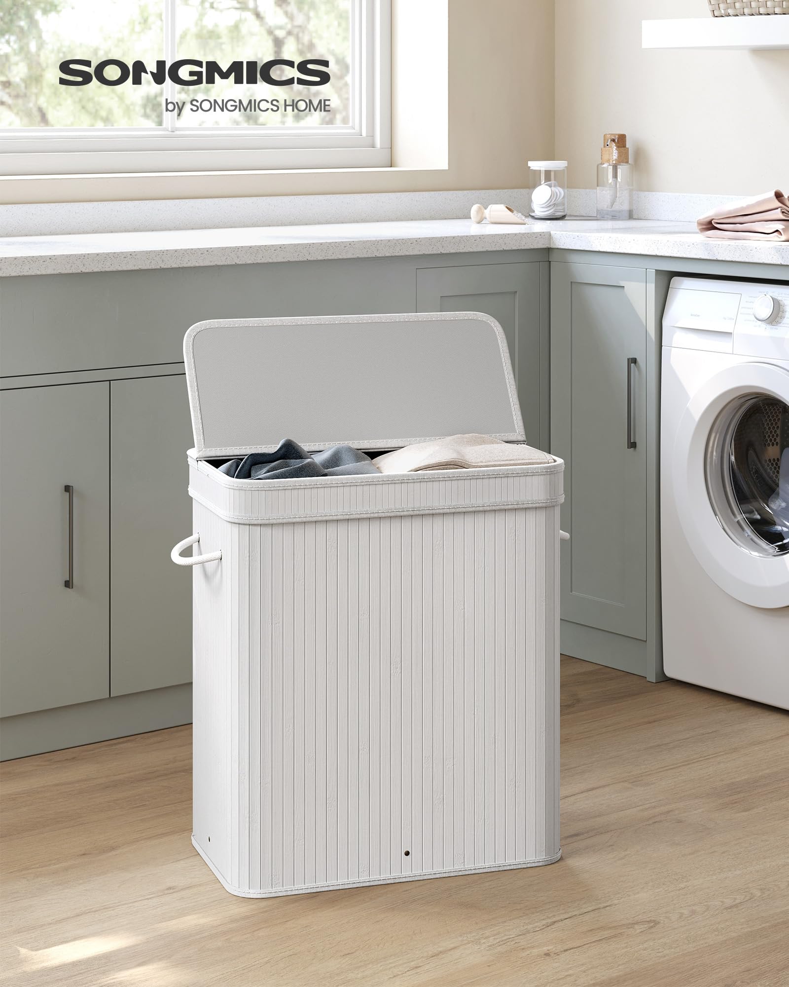 Songmics Laundry Hamper With Lid, Bamboo Laundry Basket, Removable Machine Washable Laundry Basket, With Handles, 26.4-Gallons,