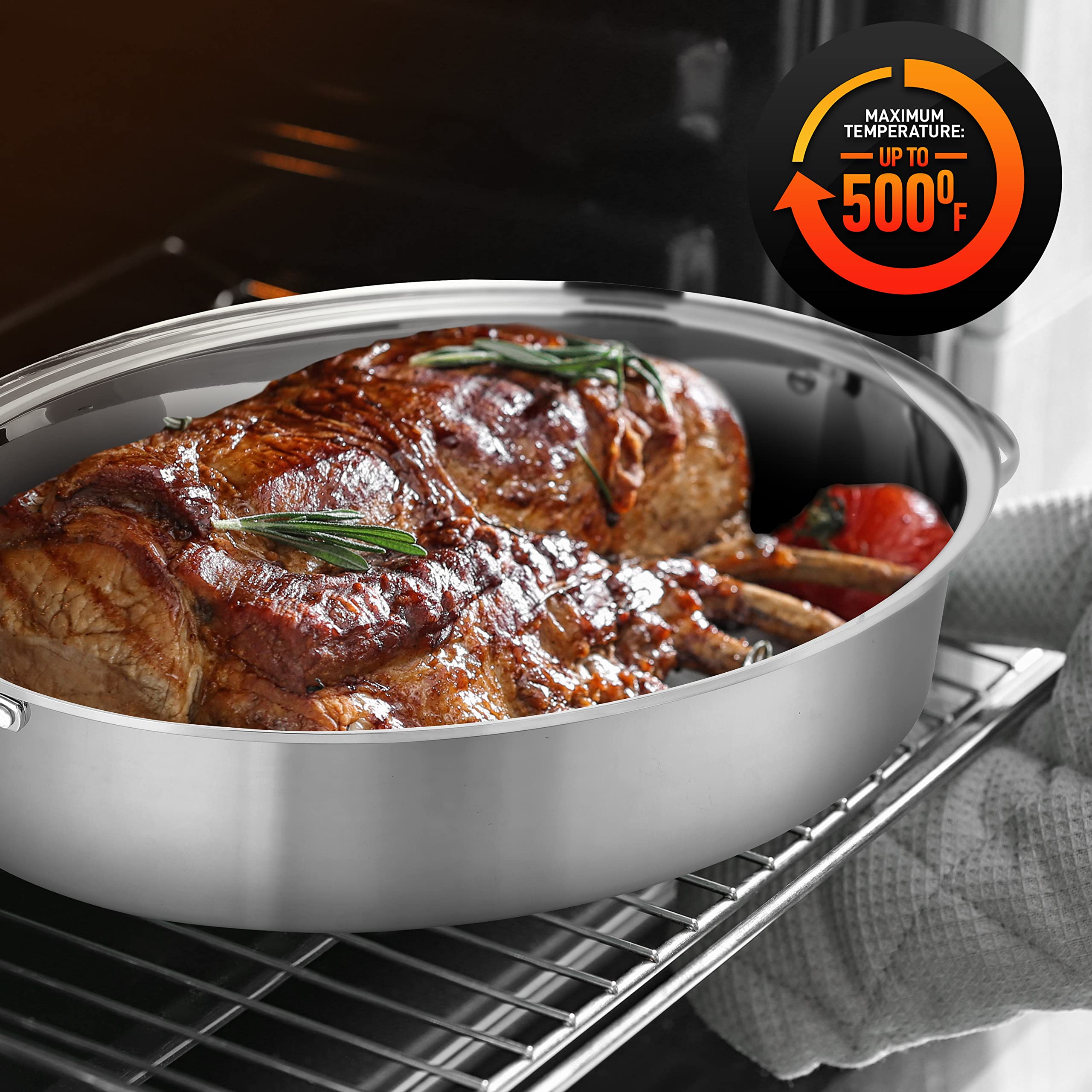 Nutrichef 20'' Oval Roasting Pan With Rack And Lid - Premium Stainless Steel Roaster Dish W/ Wide Handles & Removable Rack, Mult