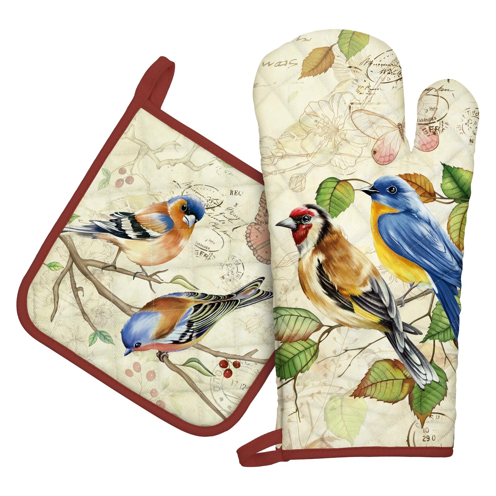 Arquiel Vintage Bird Oven Mitts And Pot Holders Sets 2Pcs, 100% Cotton Heat Resistant, Extra Long Oven Gloves Potholder For Kitc