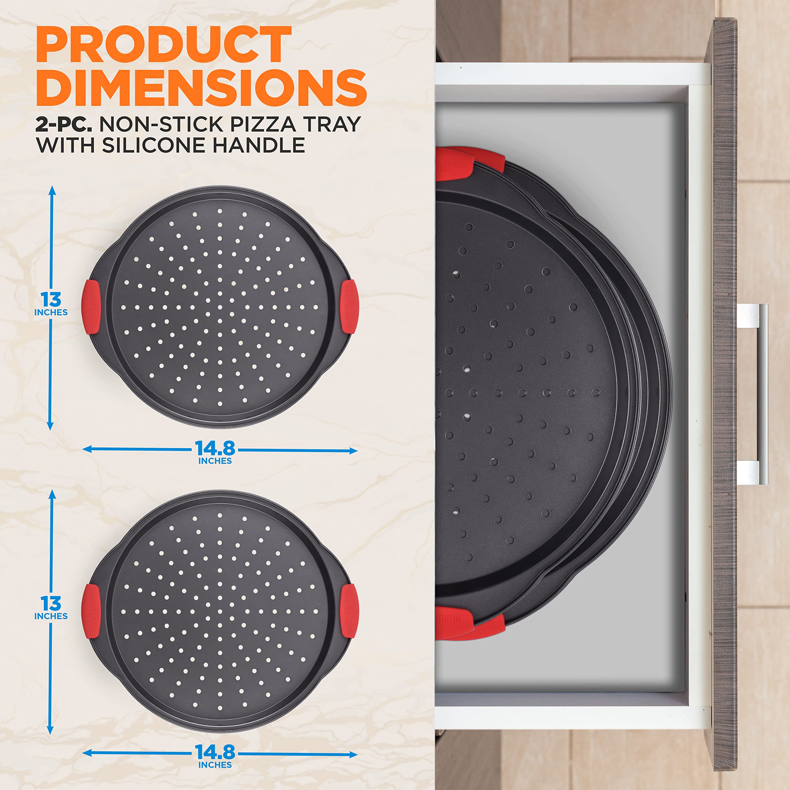 Nutrichef 2-Piece 13-Inch Nonstick Pizza Tray, Round Carbon Steel Non-Stick Pizza Baking Pan With Perforated Holes, Premium Bake