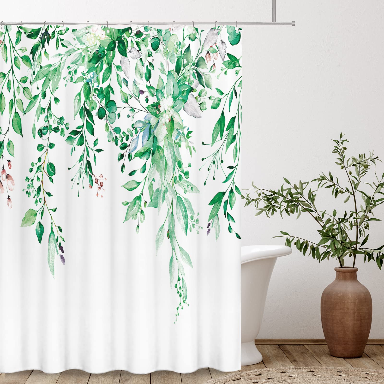 Tititex Emerald Green Eucalyptus Shower Curtain Sets, Watercolor Leaves On The Top Plant With Floral Bathroom Decoration 60X72 I