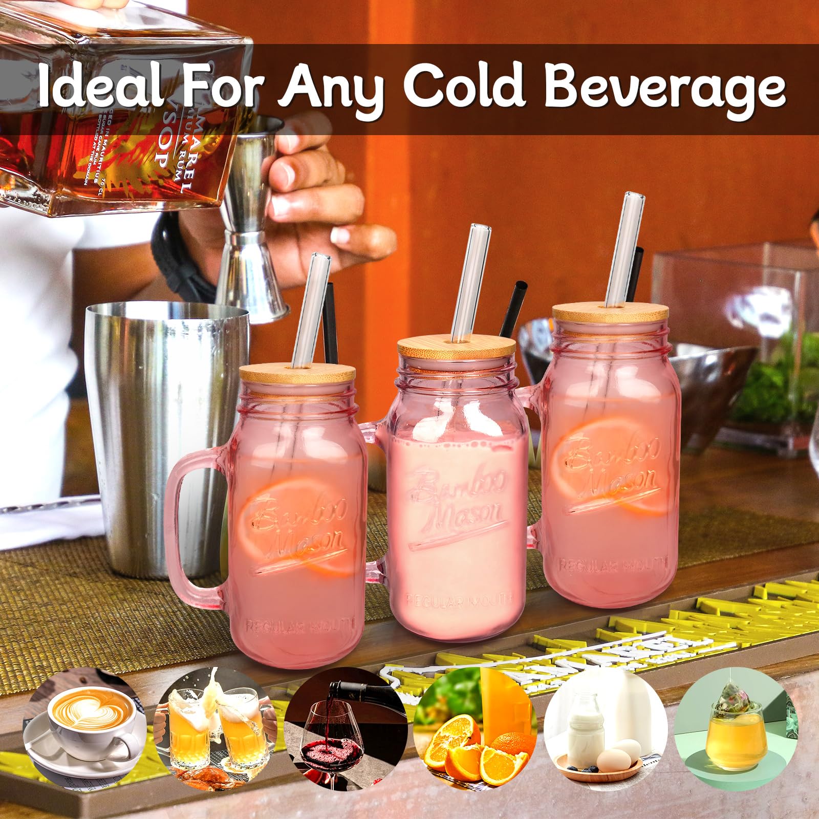 Anoiton Tumbler With Handle And Straw, 24Oz Pink Mason Jars With Handles Drinking Glasses Pink Glassware Colored Glass Cups With