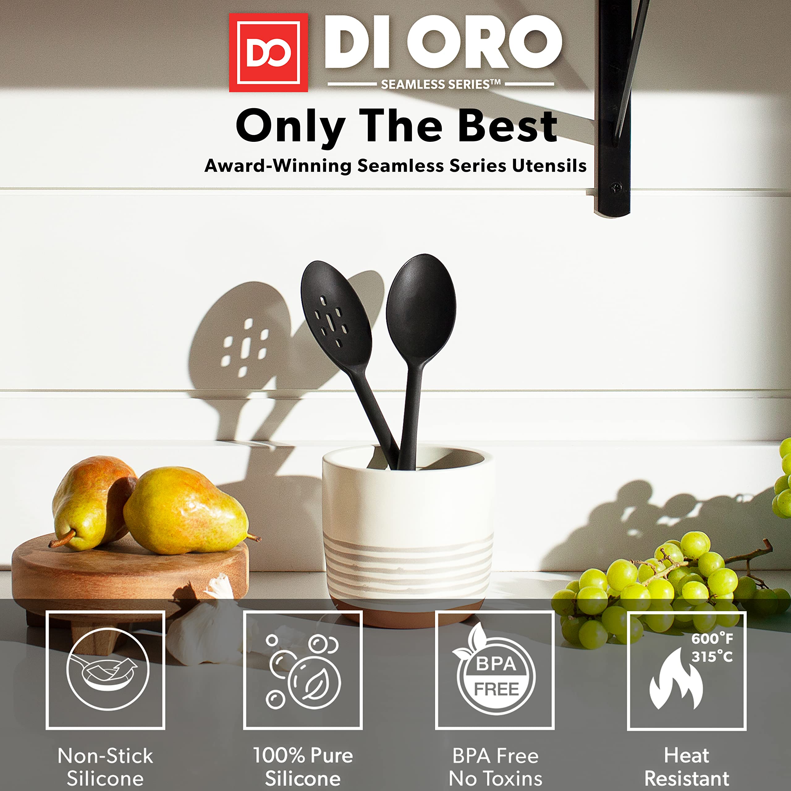 Di Oro Silicone Spoons For Cooking - Large Kitchen Spoons For Mixing, Serving, & Stirring - 600F Heat-Resistant Non Stick Utensi