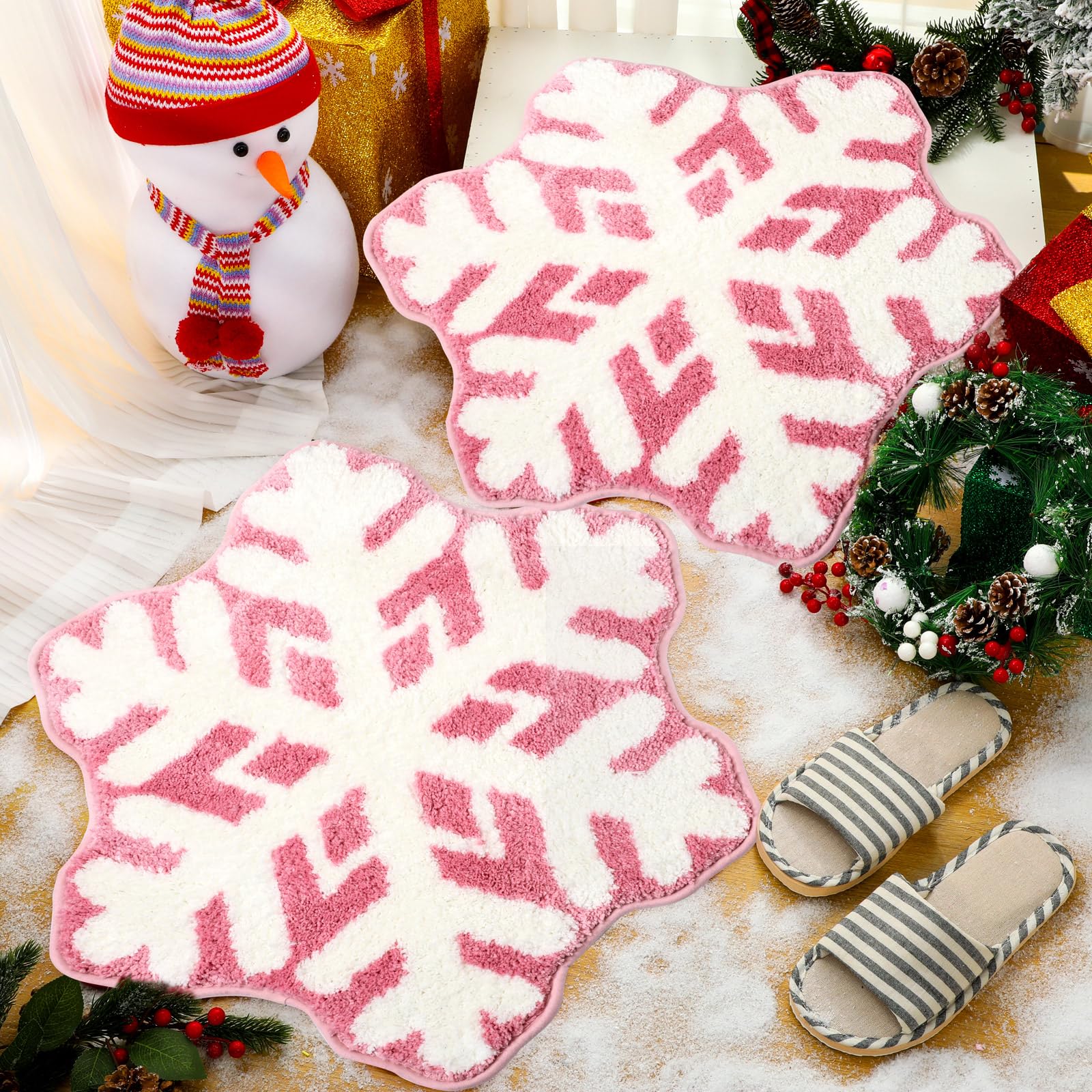 Ceenna 2 Pcs Snowflake Rug Bathroom Rugs Winter Snowflake Doormat Decorative Washable Non Slip Welcome Floor Mat Christmas Doorm