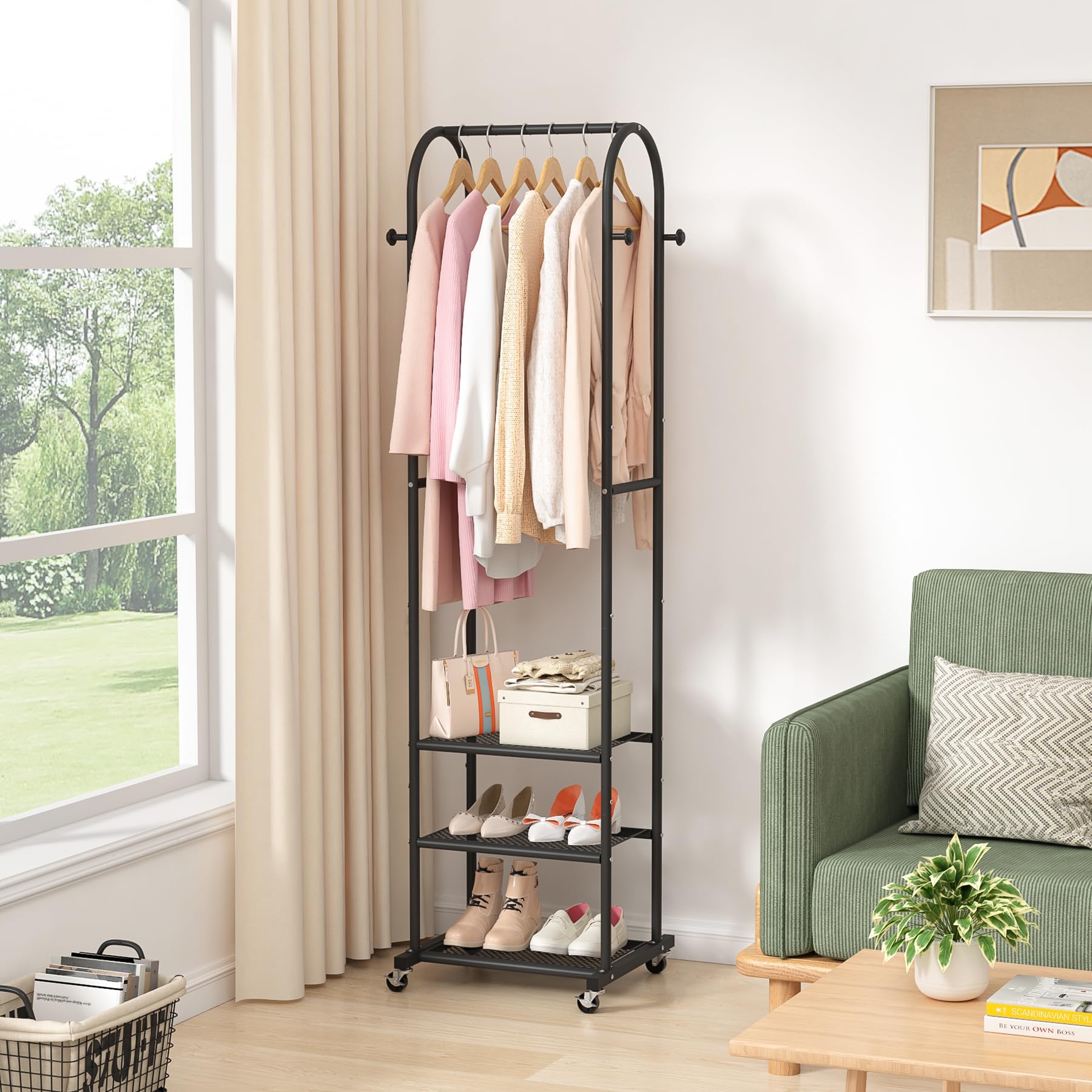 Kaitiemoo Heavy Duty Clothing Rack With Wheels,Modern Garment Rack With 3 Metal Shelves, 71.8Inches Display Rack For Hanging Clo