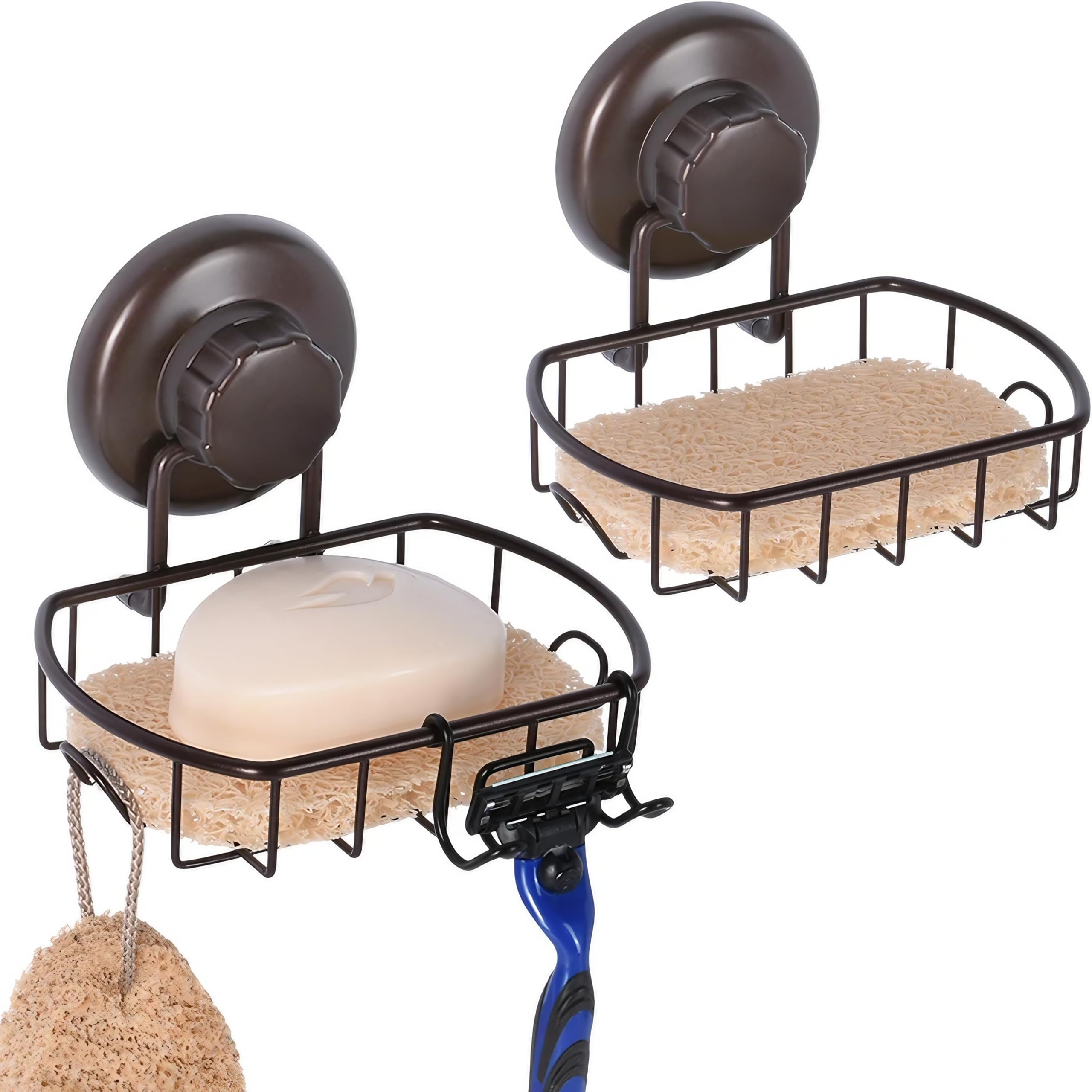 HASKO 2 Pack Suction Cup Soap Dish for Shower Wall, Rustproof Stainless Steel, Shower Soap Holder with Hooks, Includes Optional 