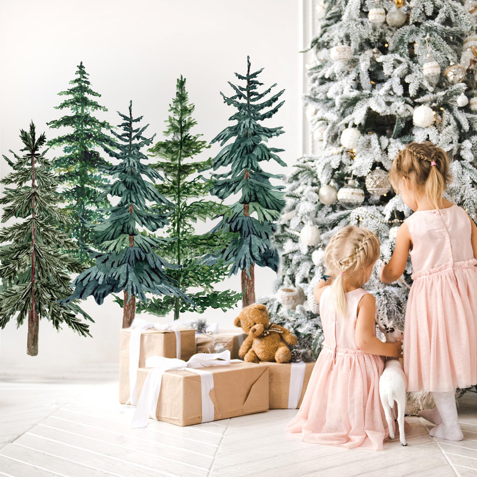 JarThenaAMCS 6 Rolls Christmas Watercolor Pine Tree Wall Stickers 35.4 x 71 Inch Forest Wall Decals Large Room Mural Stickers fo