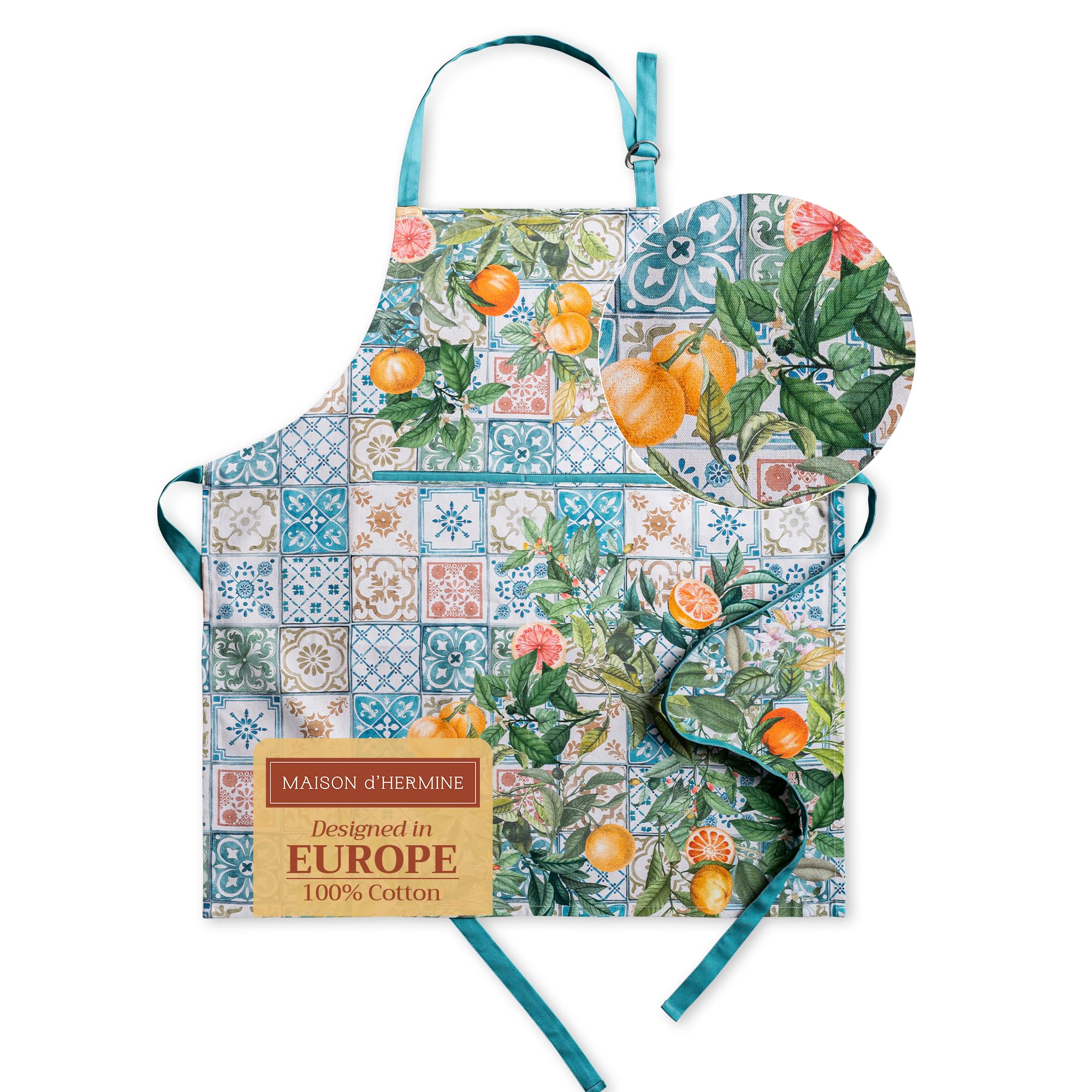 Maison d ' Hermine Apron 100% Cotton 1 Piece Adjustable Neck Strap Clothapron with Center Pocket & Long Ties for Gifts  Women  Men  Banquet  Agrume - Spring/Summer (27.50 ''x31.50 '')
