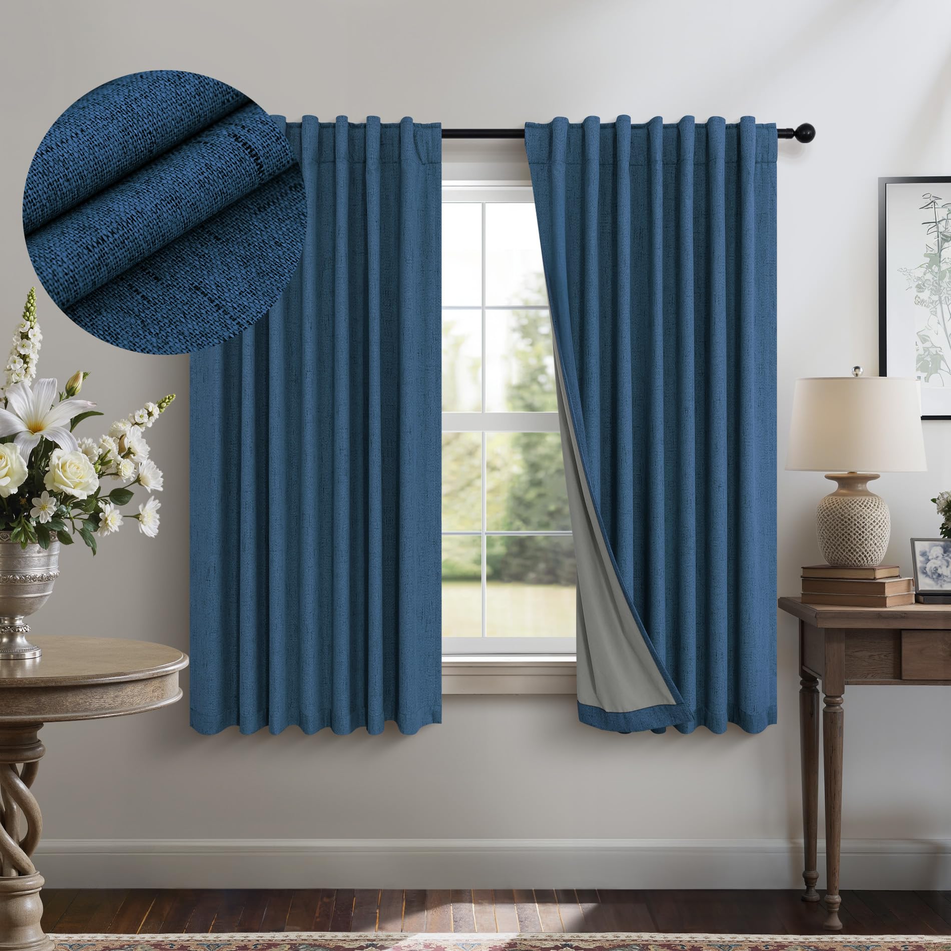 Navy Blue Small Blackout Curtains for Bathroom 45 Inches Long 2 Panel Sets Linen Look Back Tab Pocket Black Out Short Length Hea