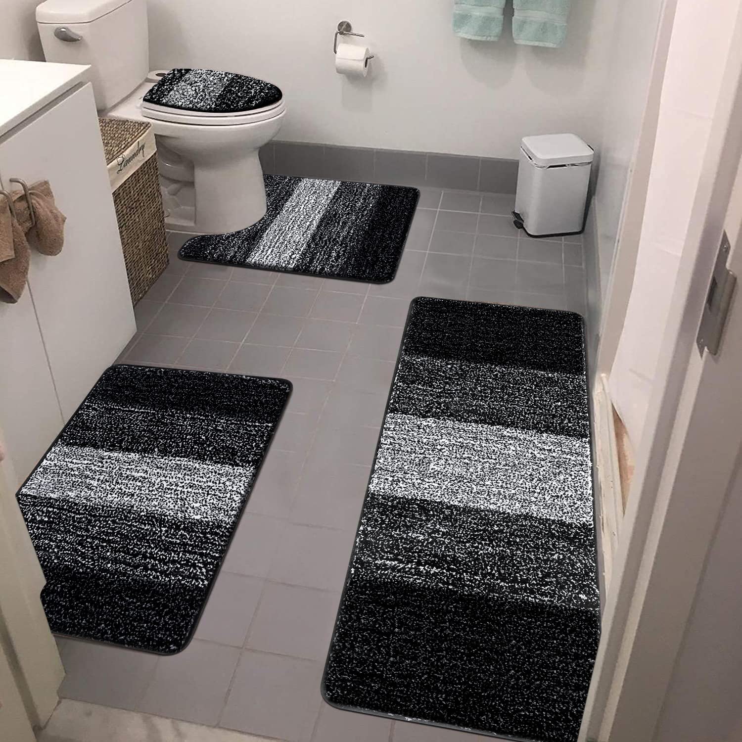 Bsmathom Bath Rug Set 4 Piece With Toilet Lid Cover And Rug Set, Non Slip Bath Mats For Bathroom, Soft Shaggy Absorbent Bathroom