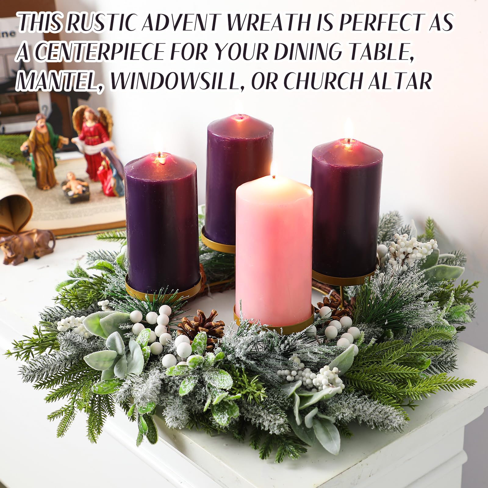 Reallnaive Large Christmas Advent Wreath Candle Holder with Norfolk Pine, Cedar, Mistletoe 19 Inch Rustic Advent Calendar Ring D