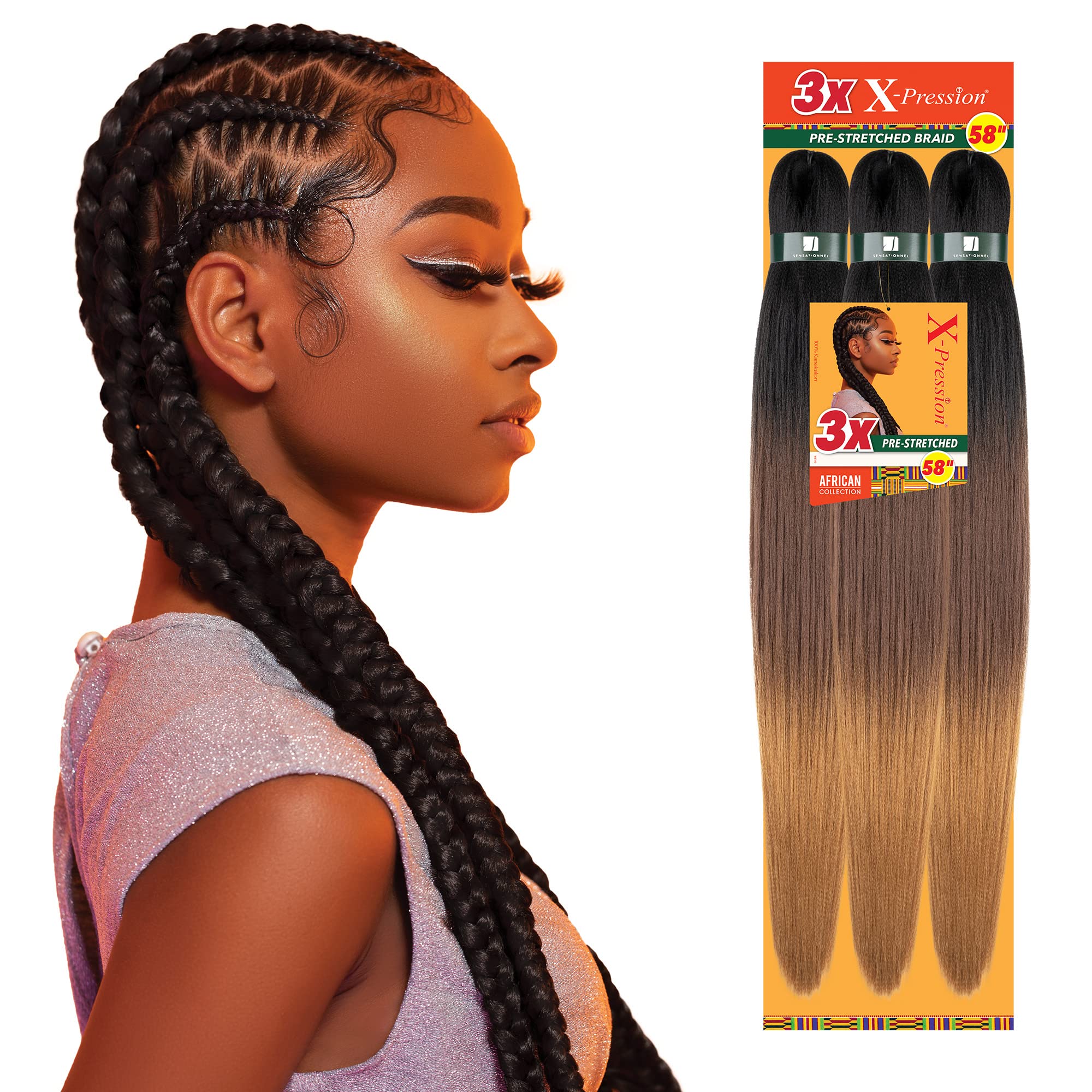 Sensationnel Xpression Prestretched Braiding Hair - Kanekalon Flame Retardant Smooth Yaki Braid Hair Extension 3X 58 Inch (2 Pac