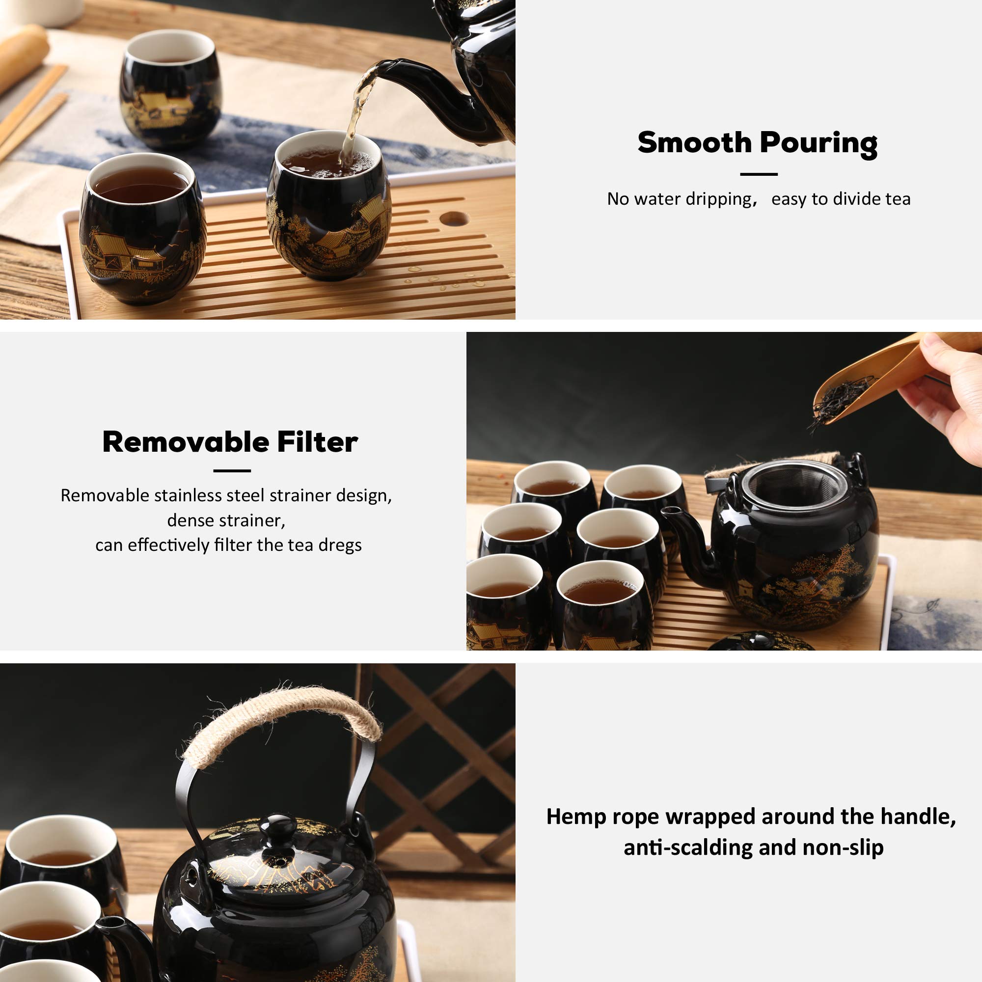 Dujust Japanese Beautiful Asian Porcelain Tea Set, Black With 1 Teapot, 6 Tea Cups, 1 Tea Tray, 1 Stainless Infuser For Adults,