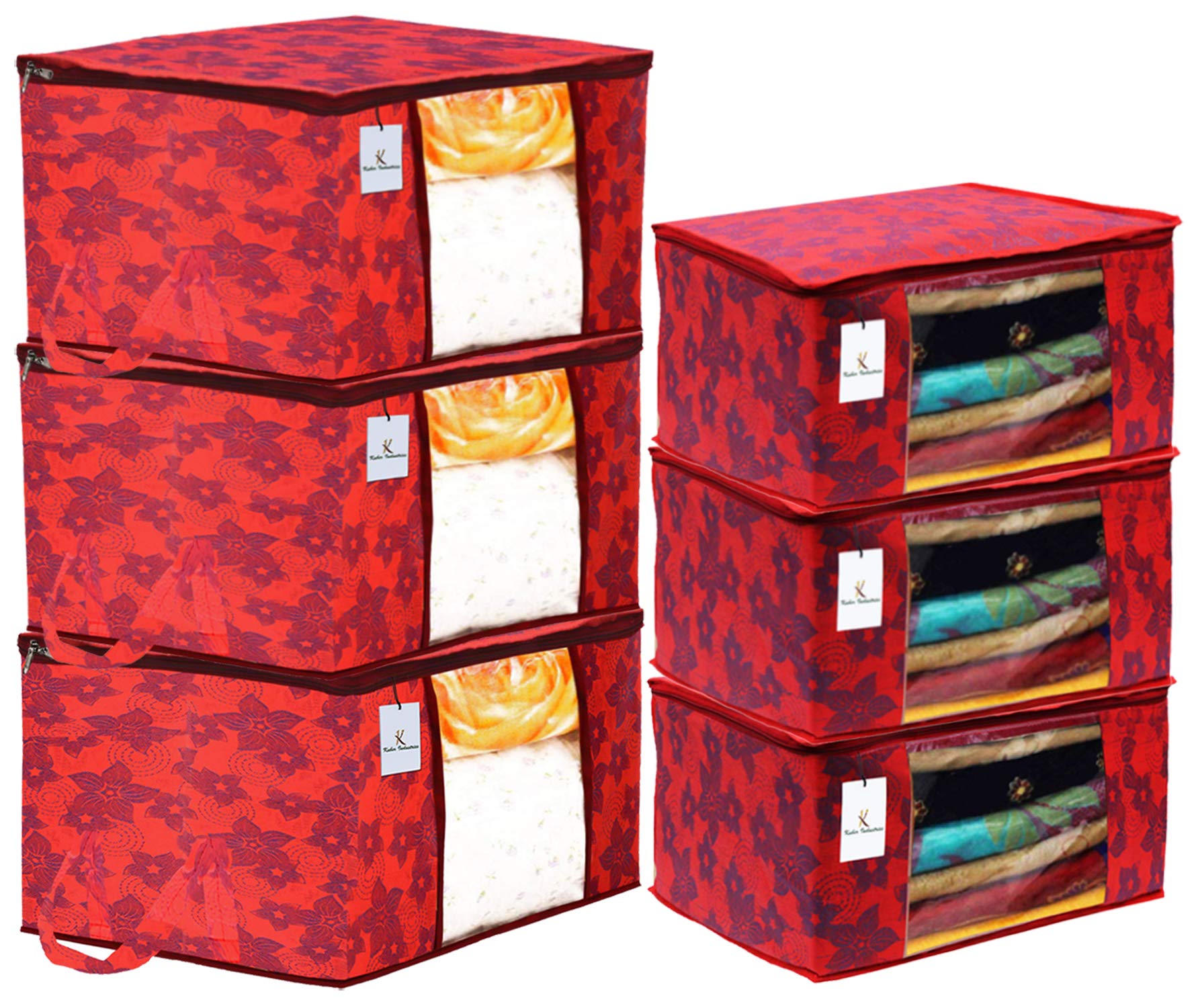 Heart Home Metallic Printed Non Woven 3 Pieces Saree Cover And 3 Pieces Underbed Storage Bag, Cloth Organizer For Storage, Blank