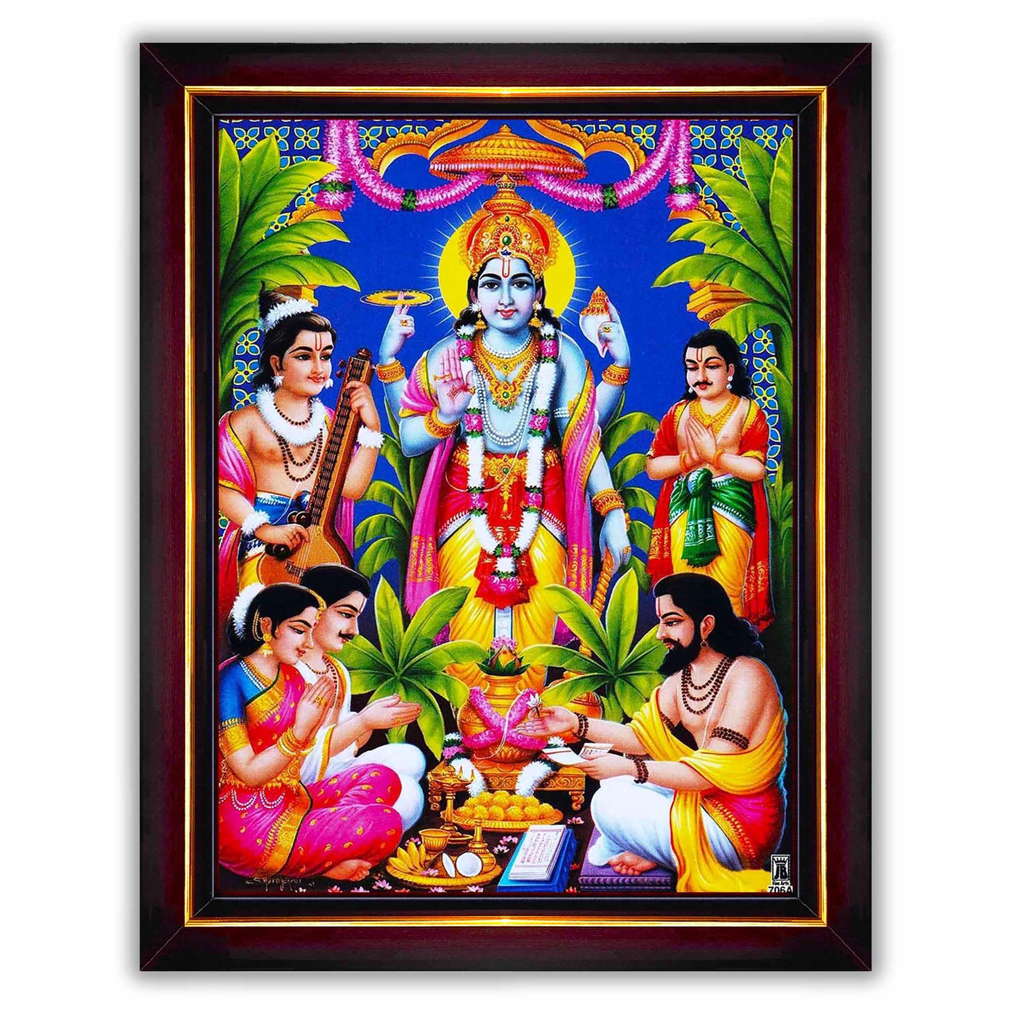 Pavan Photo Laminations Lord Satyanarayana Swamy Bhagwan Satyanarayan Wall Painting Framed Home Decor (Wood,Matte,Brown,Small Si
