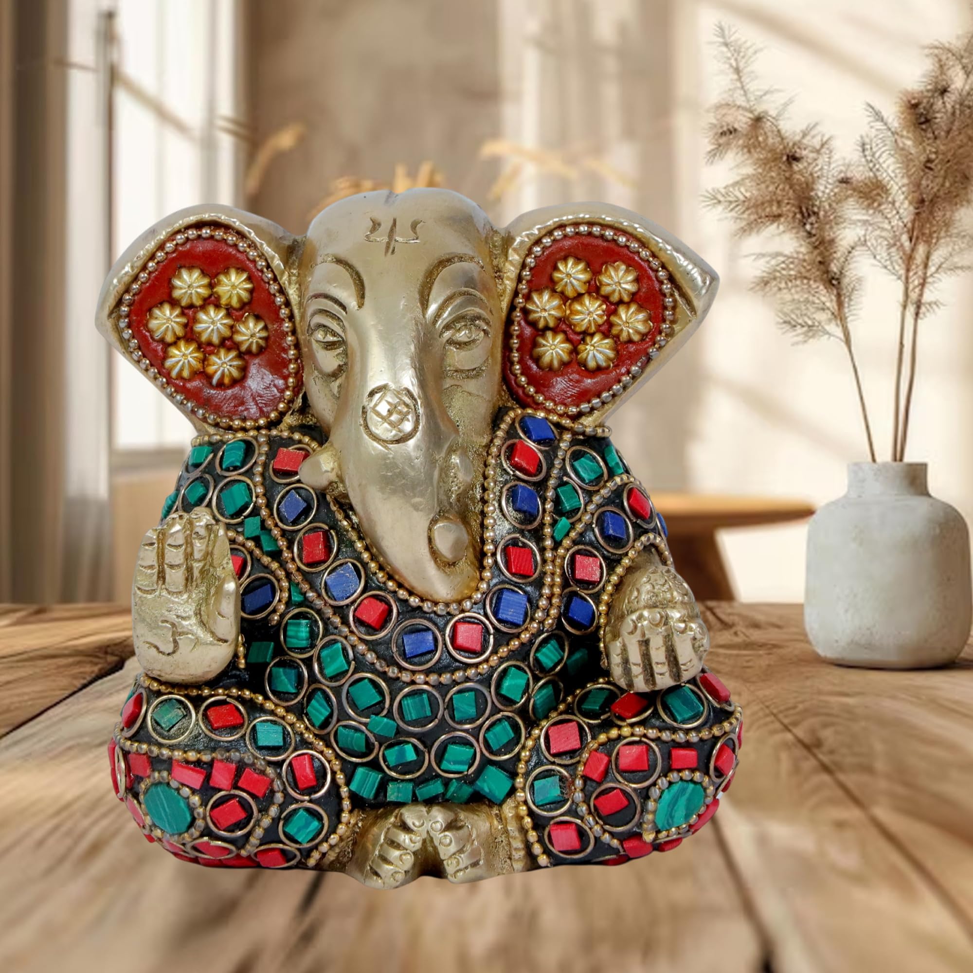 Brassaura Ganesha Idol Brass With Gem Stone Work Handwork Ganesh Bhagwan Large Statue God Ganpati Murti For Home Pooja Entrace D