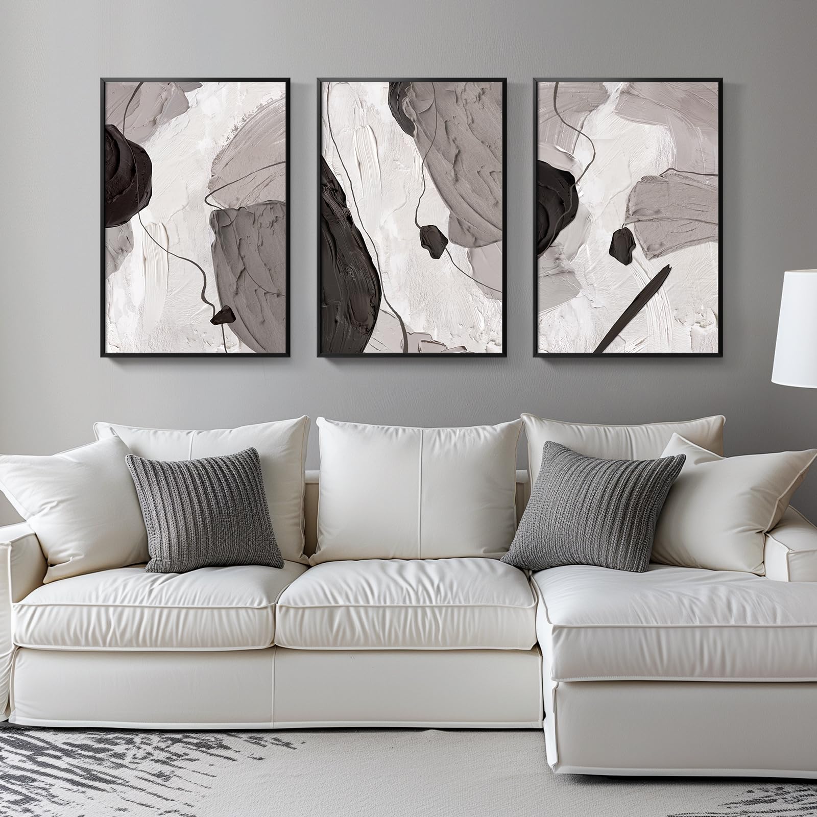 Large Framed Black And White Grey Abstract Wall Art For Living Room, Set Of 3 Piece Modern Minimalist Canvas Paintings Artwork F
