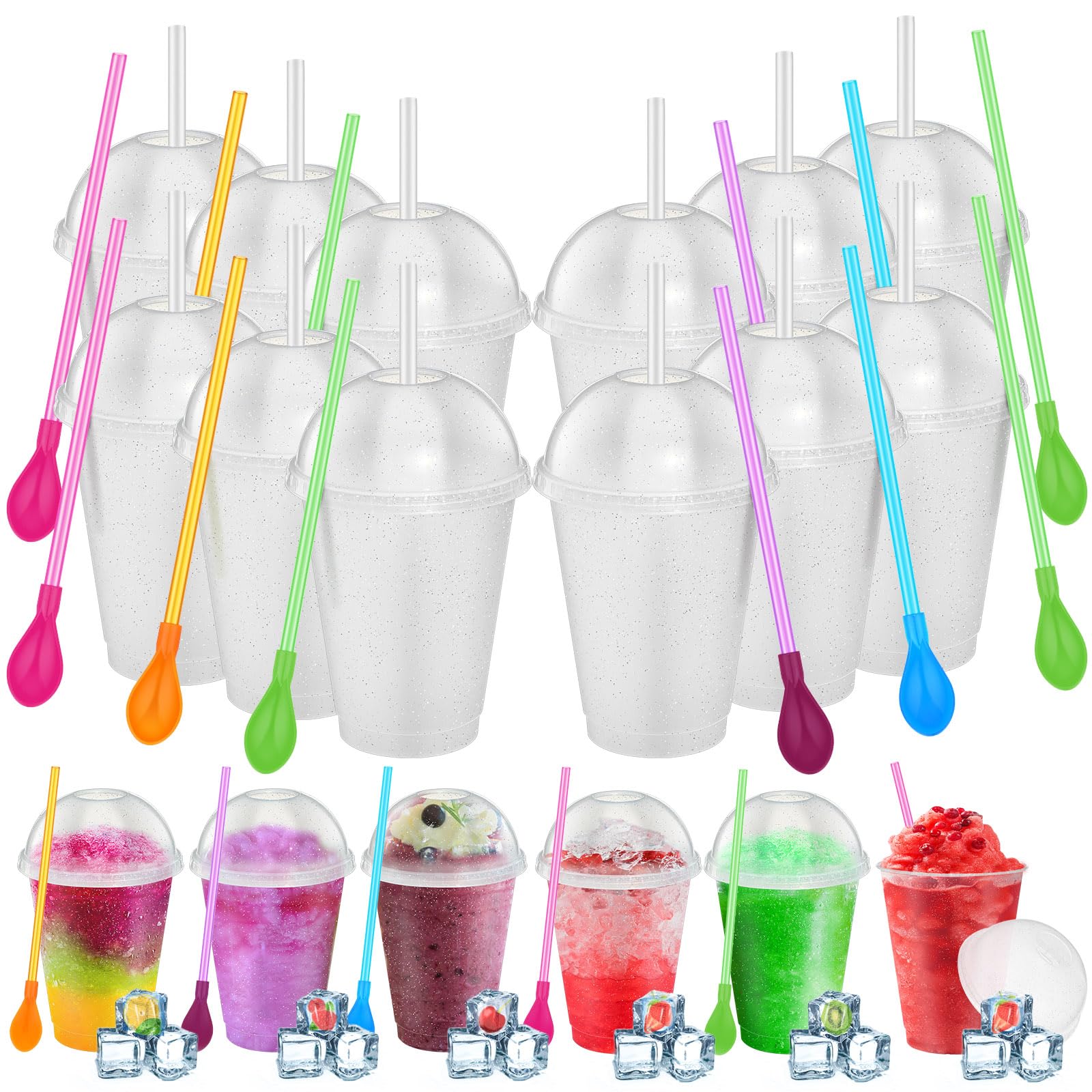 Ninehaoou 12 Sets Slushie Cups with Dome Lids and Straws Detachable Spoon Straws Reusable 16 oz Plastic Iced Coffee Cups Smoothi