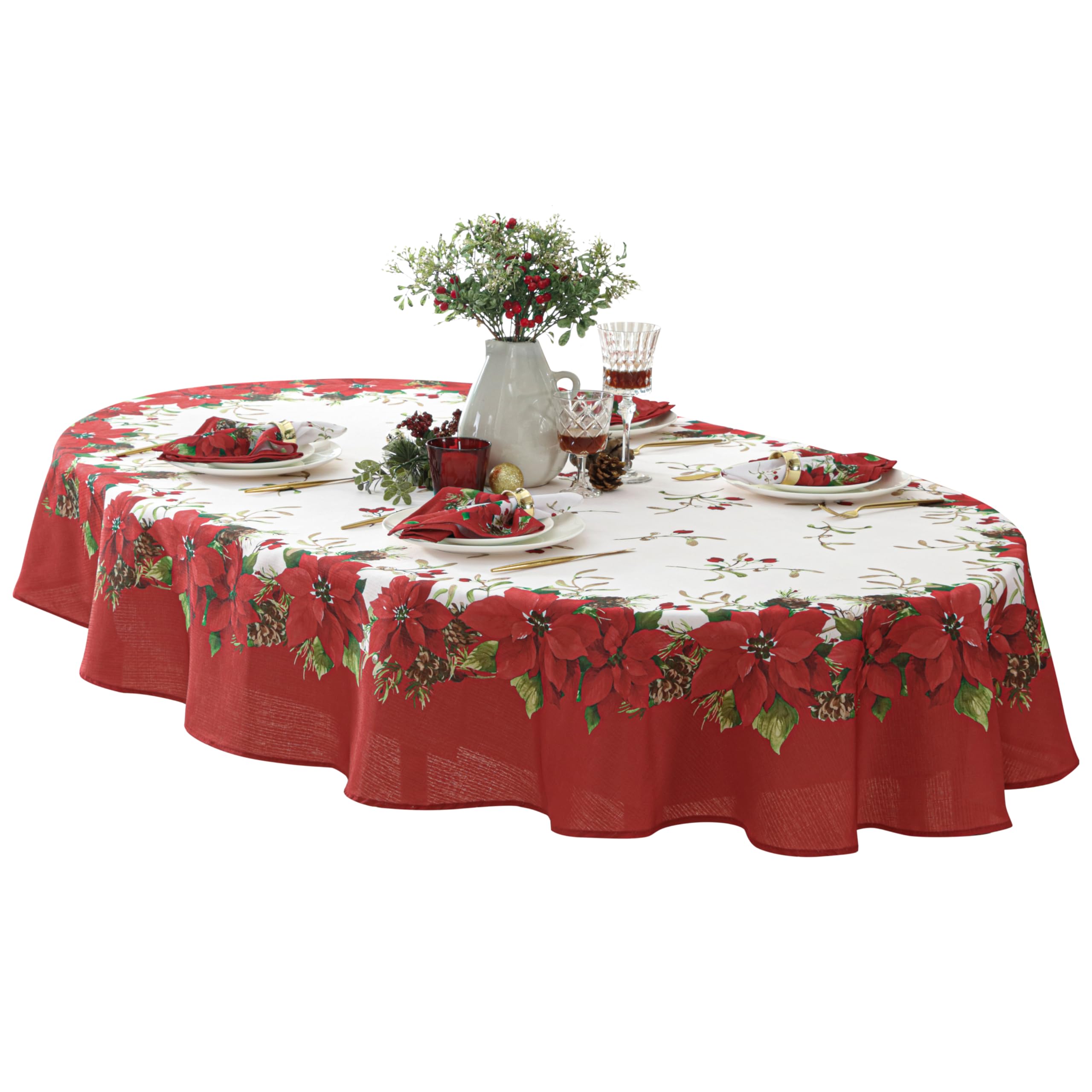 Newbridge Christmas Blooming Poinsettias Double Bordered 60 X 84 Inch Oval Fabric Tablecloth, Holiday Red And White Poinsettia D