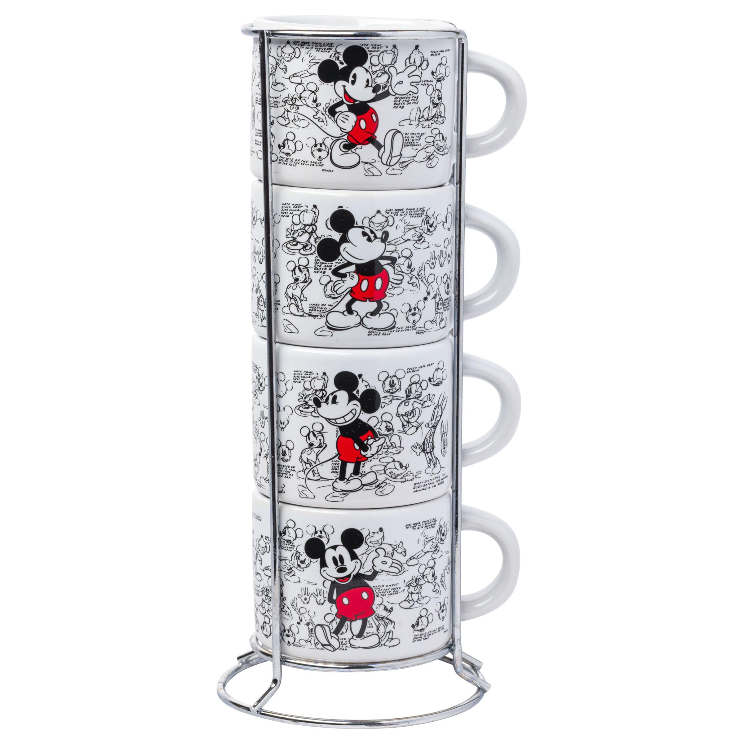 Silver Buffalo Disney Mickey Mouse Vintage Sketches Art 4Pc Stackable Ceramic Espresso Small Cup Set, 3 Ounces
