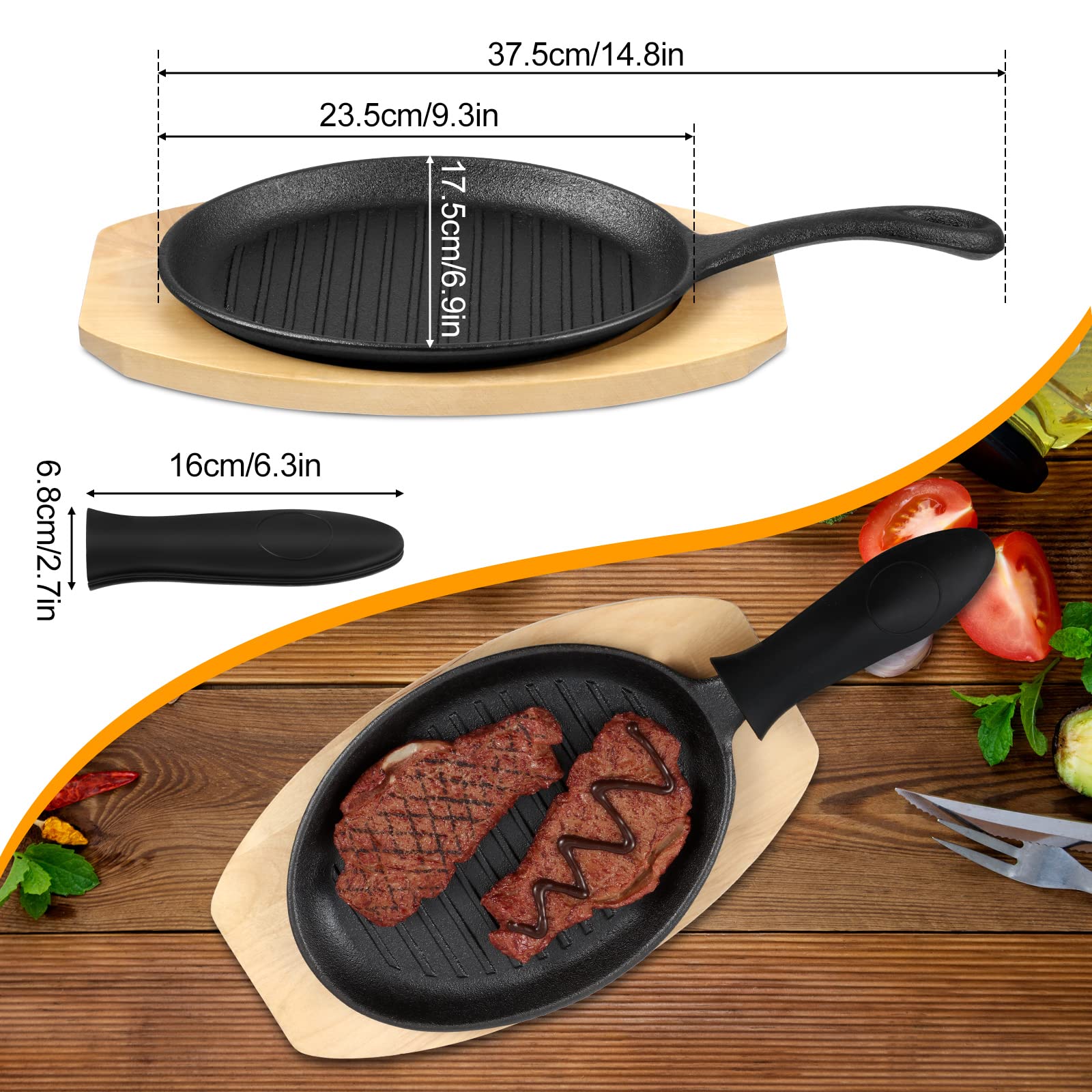 Tanlade 3 Sets Cast Iron Skillets Pre Seasoned Fajita Pan Heavy Duty Construction Sizzling Plates With Wooden Base And Silicone