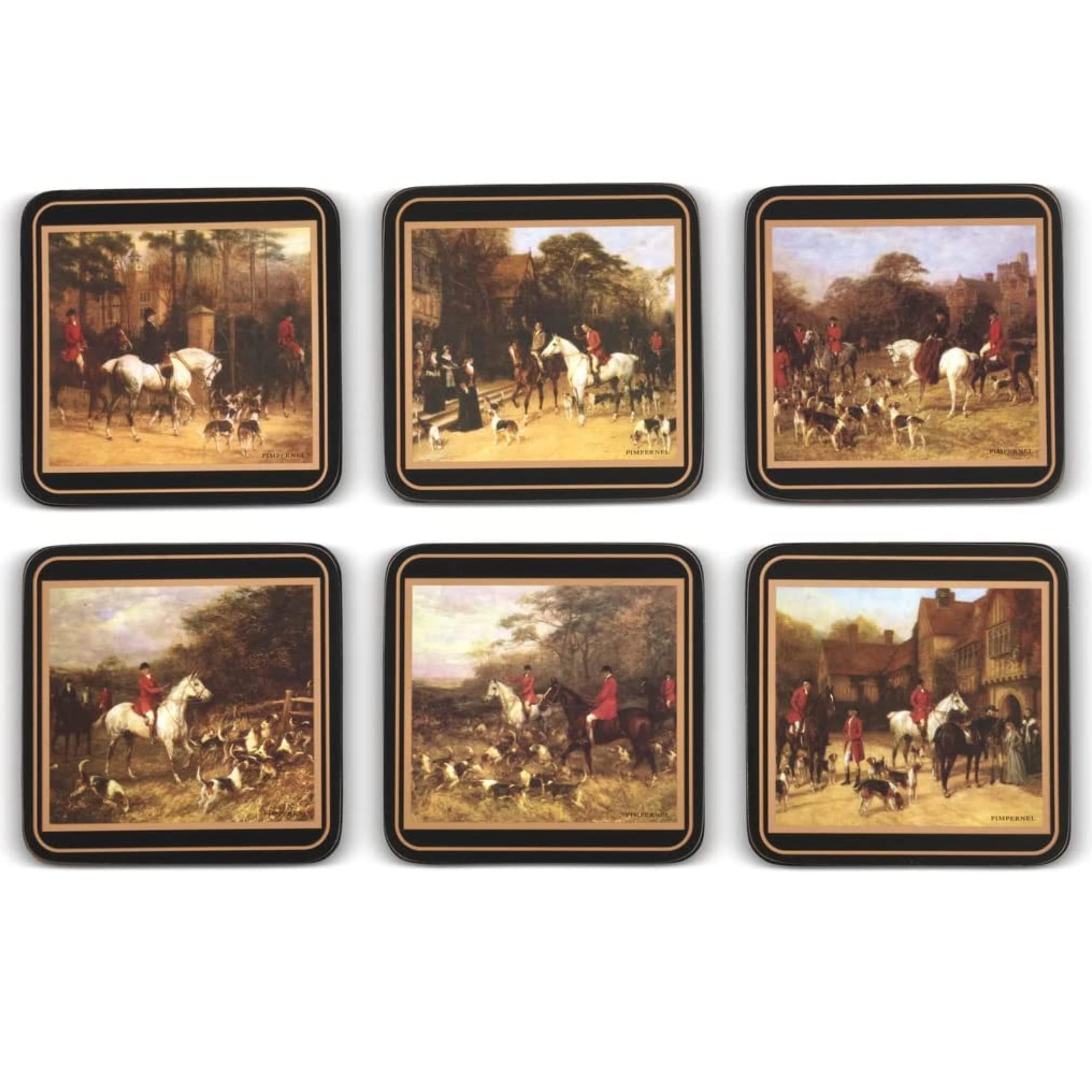 Pimpernel Tally Ho Collection Coasters  Set of 6  Cork Backed Board  Heat and Stain Resistant  Drinks Coaster for Tabletop Protection  Measures 4 x 4