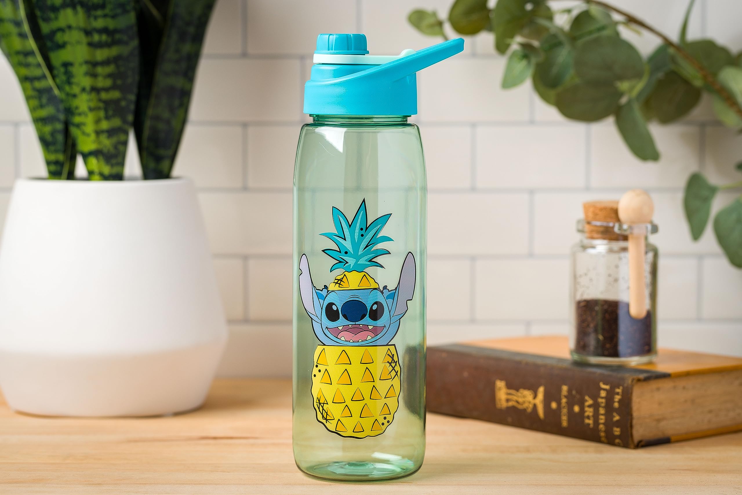 Silver Buffalo Disney Lilo And Stitch Pineapple Pop Up Peek-A-Boo Water Bottle With Screw-On Lid, 28 Ounces