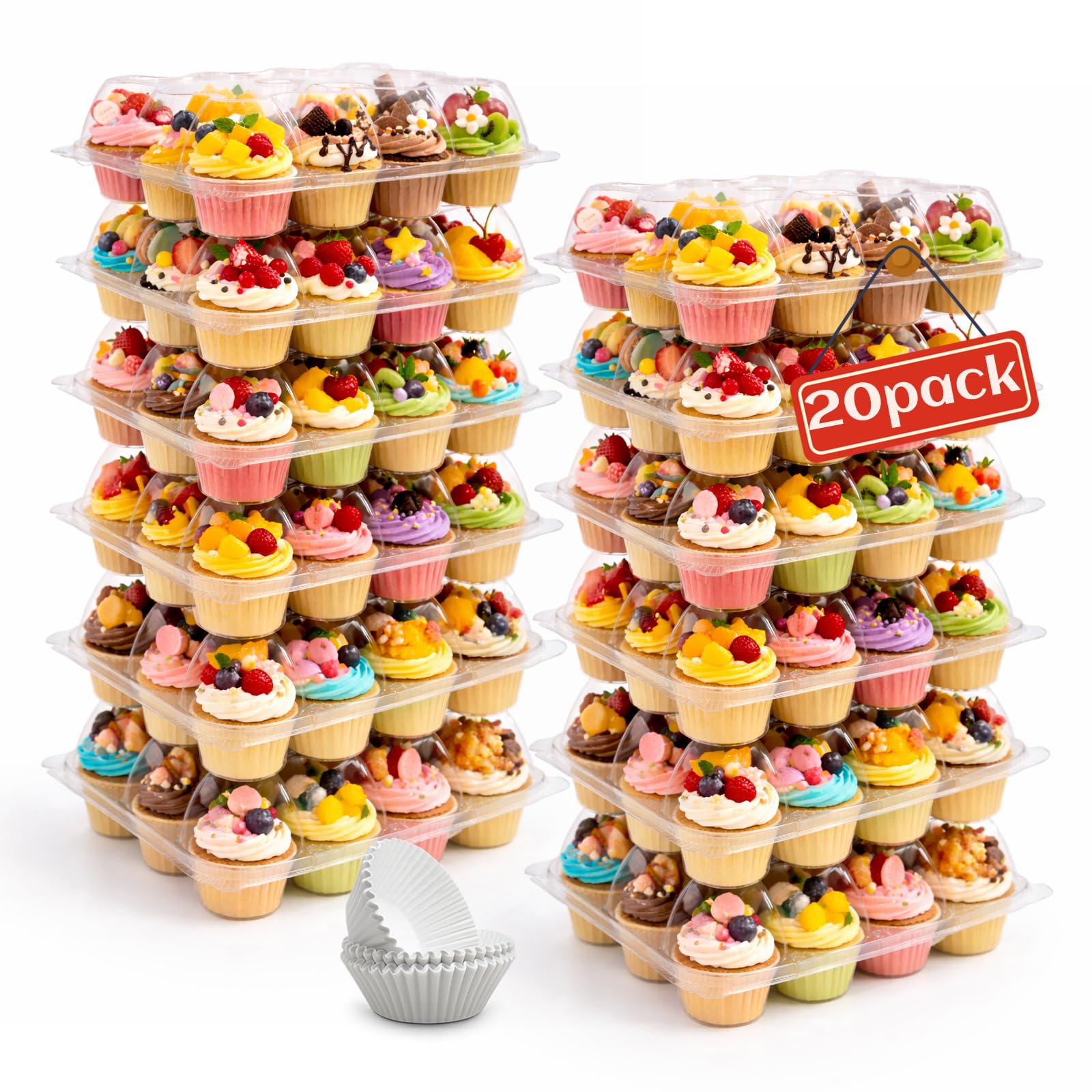WIKDAY Plastic Cupcake Containers with Liners, 12 Count x 20 Sets