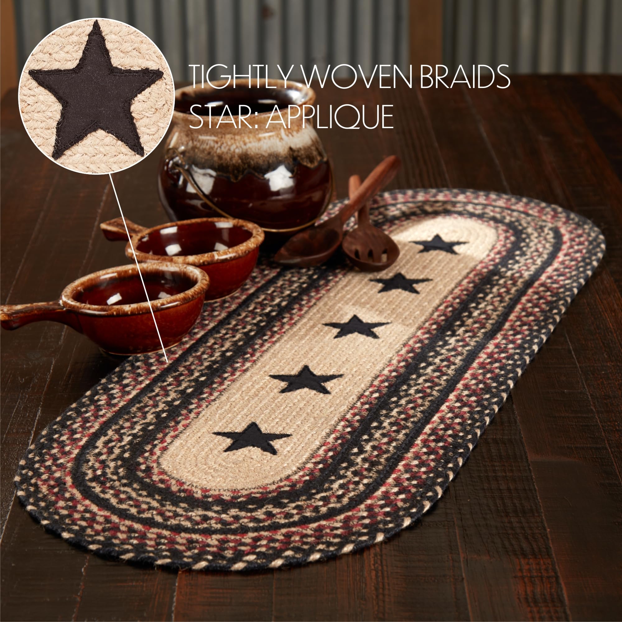 Vhc Brands Primitive Colonial Star Table Runner, Tan Black Red, Jute Blend, Oval, 13X36 Inches