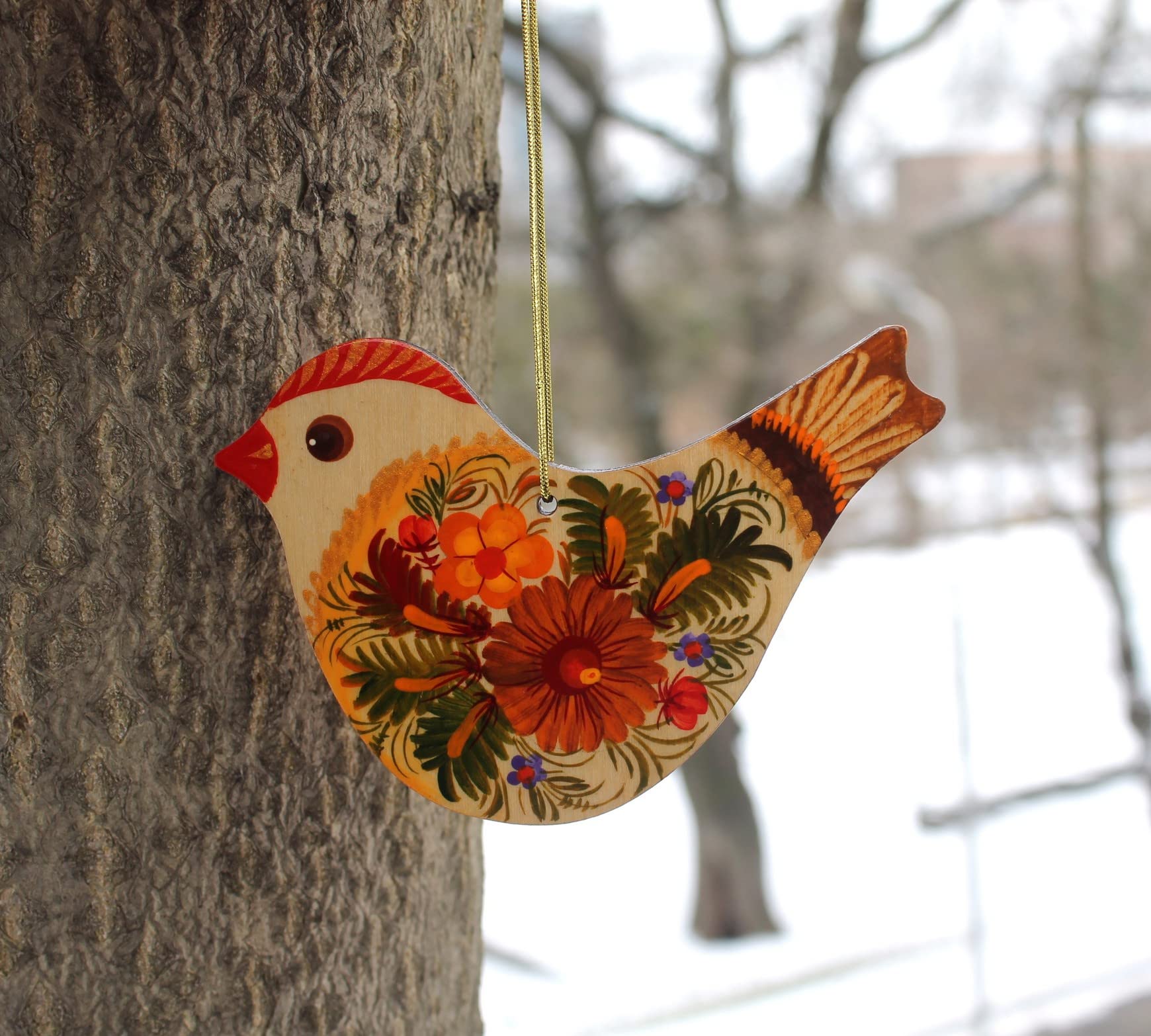 Bird Wooden Flat Ornament Ukrainian Hand Painted on Both Sides 4,3 x 3,3 x 0,2 inch. Christmas Tree and Easter Decoration Folk R