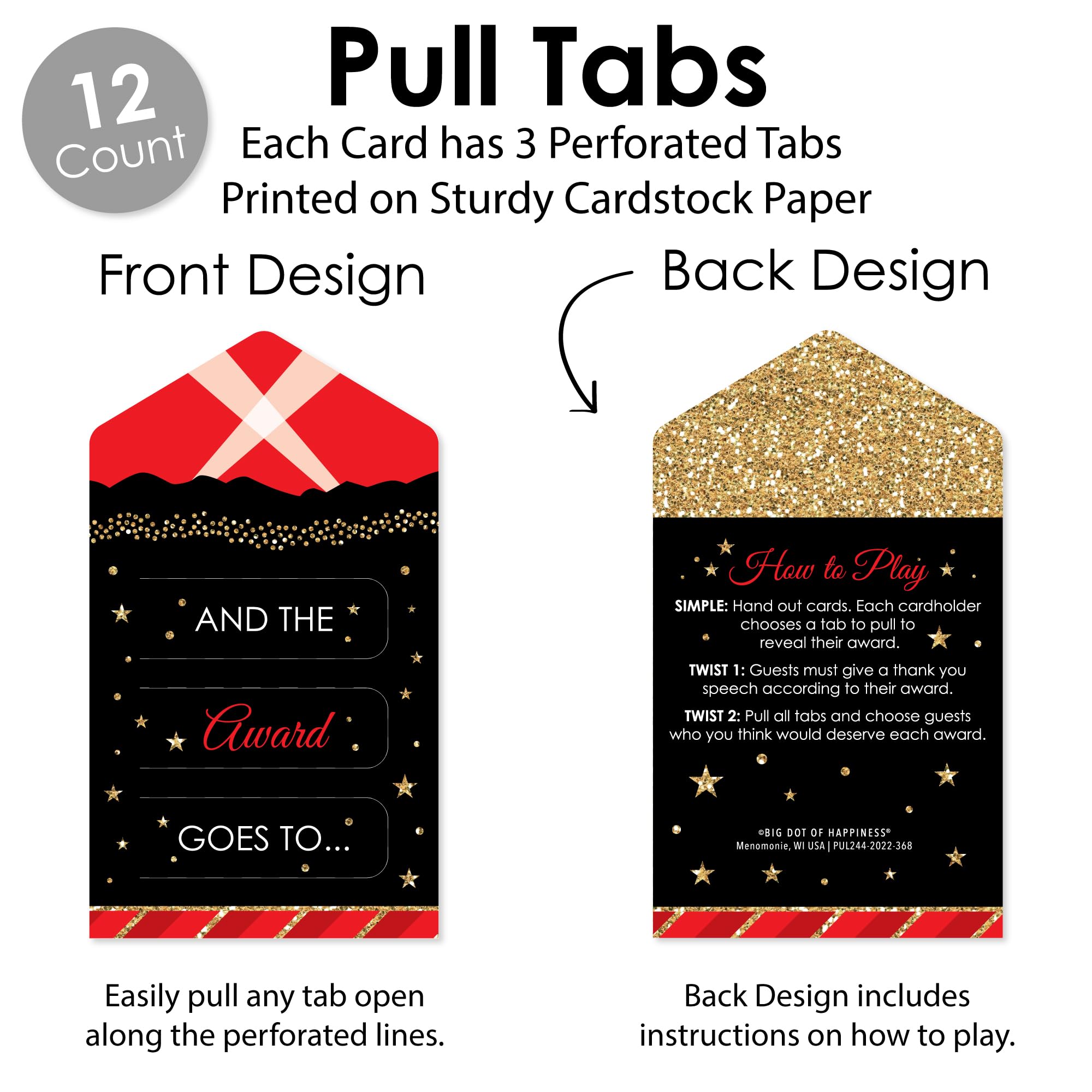 Big Dot Of Happiness Red Carpet Hollywood - Movie Night Party Game Pickle Cards - Award Pull Tabs - Set Of 12